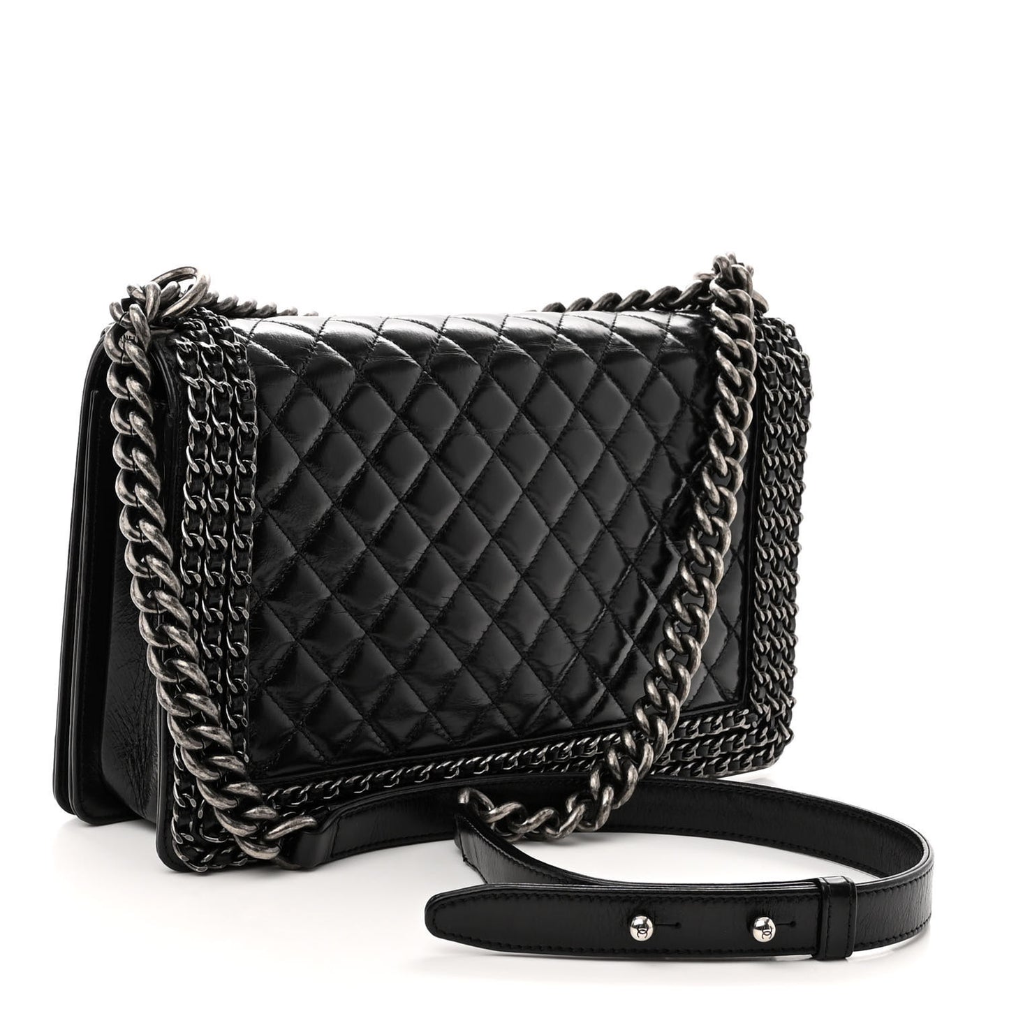 Glazed Calfskin Quilted New Medium Boy Chained Flap Black