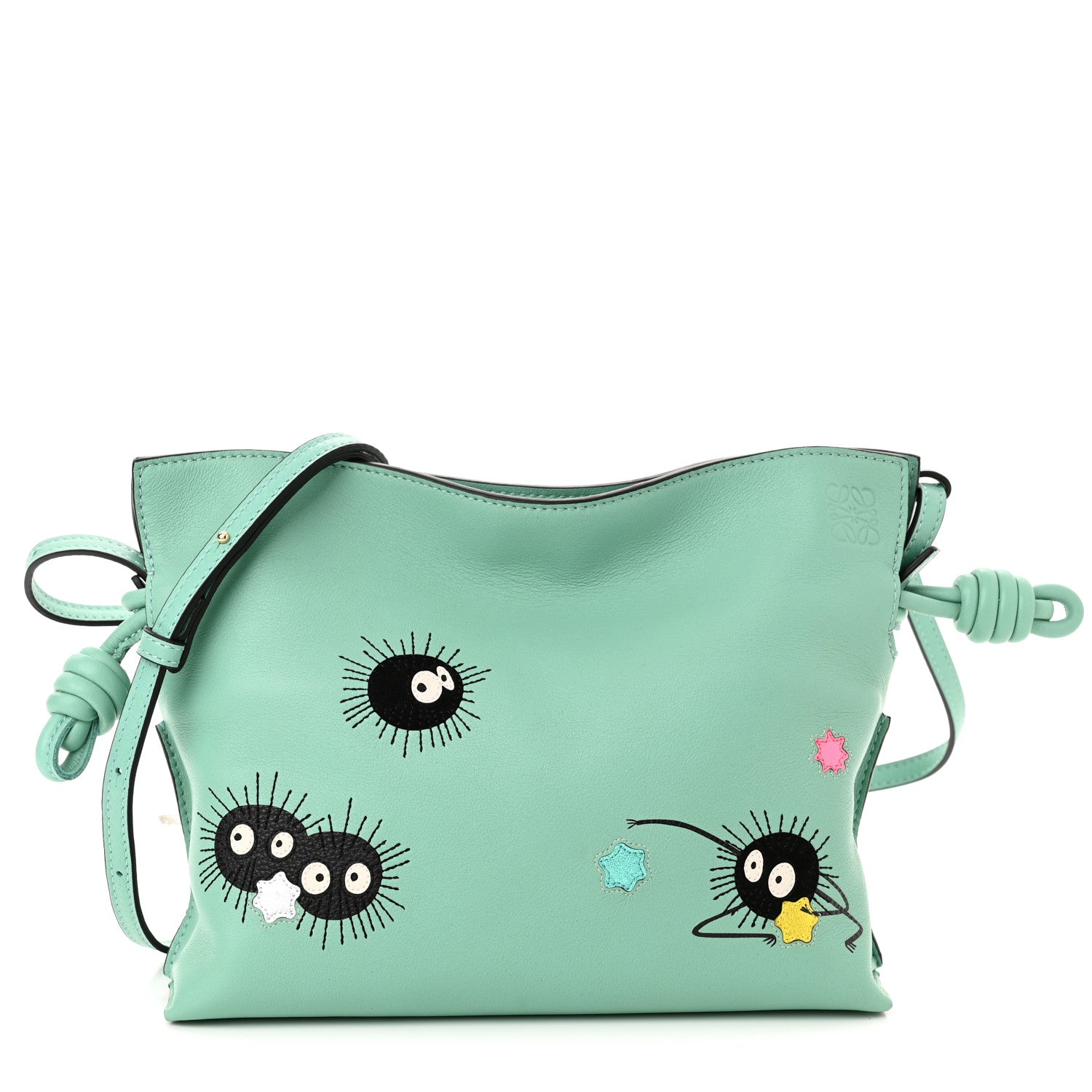 image of a LOEWE X Spirited Away Nappa Susuwatari Print Mini Flamenco Knot Clutch in the color Fresh Mint by FASHIONPHILE