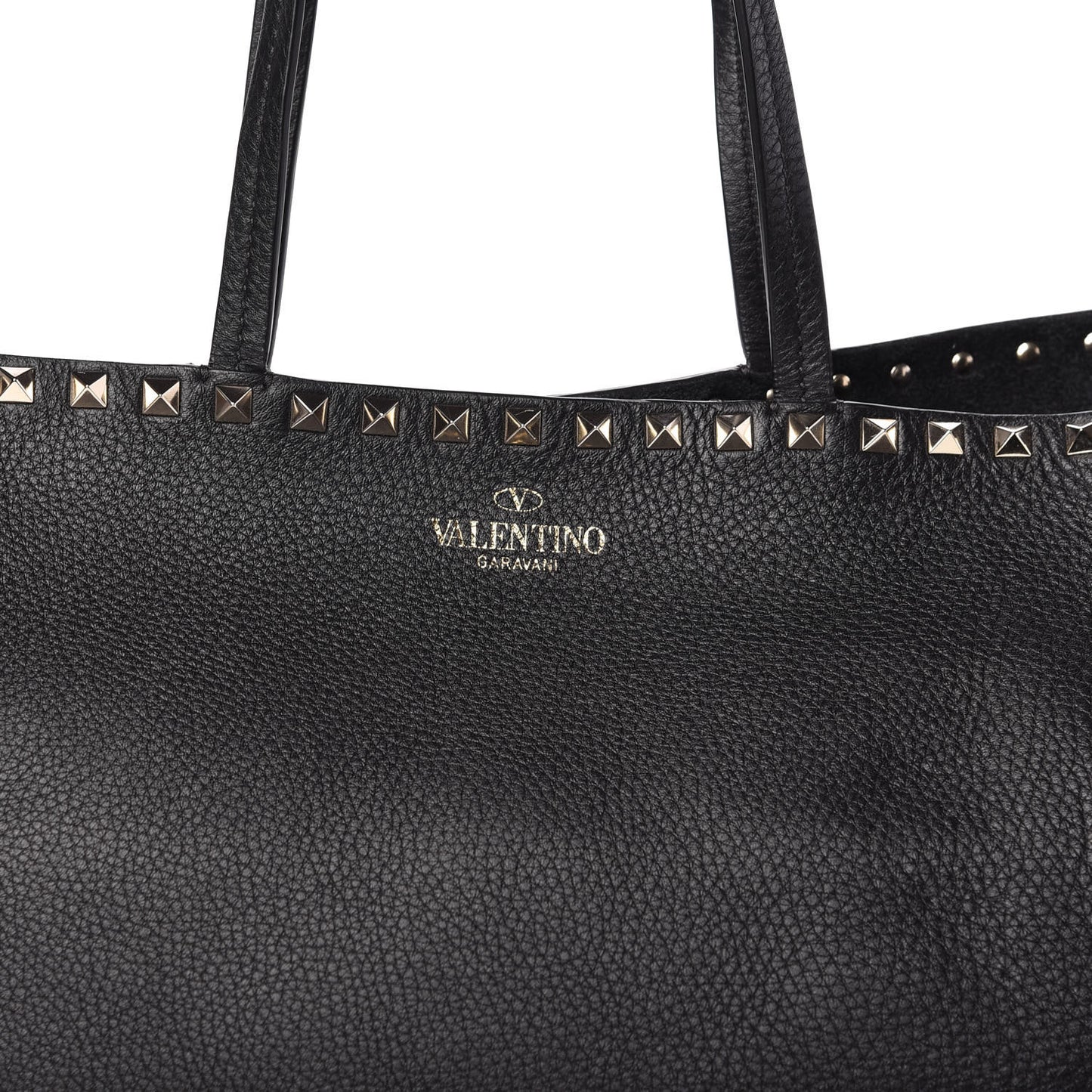 Grained Calfskin Rockstud Shoulder Tote Black