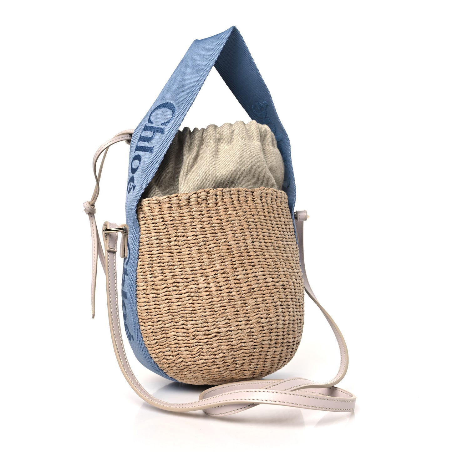 Raffia Calfskin Small Woody Basket Bag Washed Blue