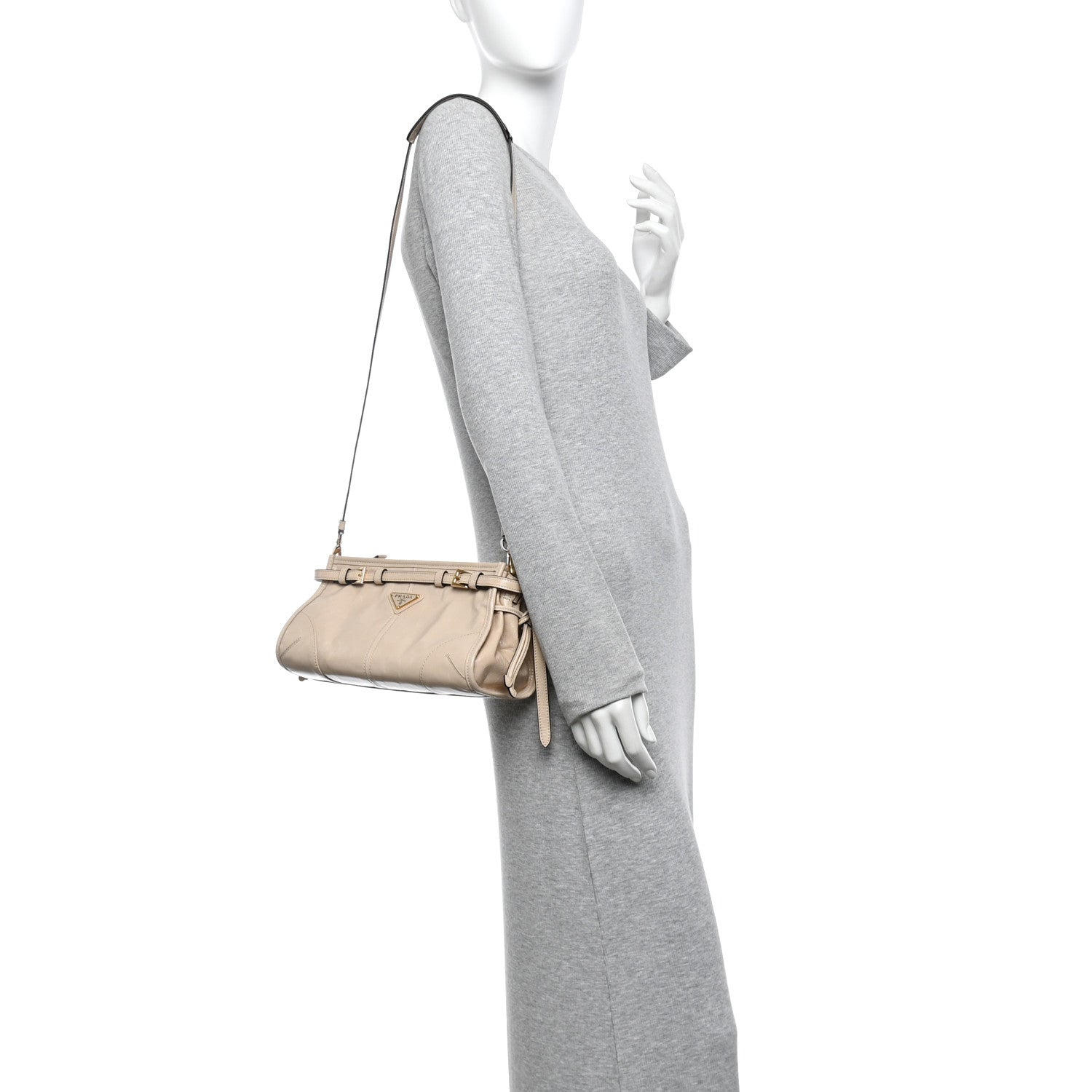 Prada Glossy Calfskin Triangle Small Bonnie Shoulder Bag Travertine 2 of 10