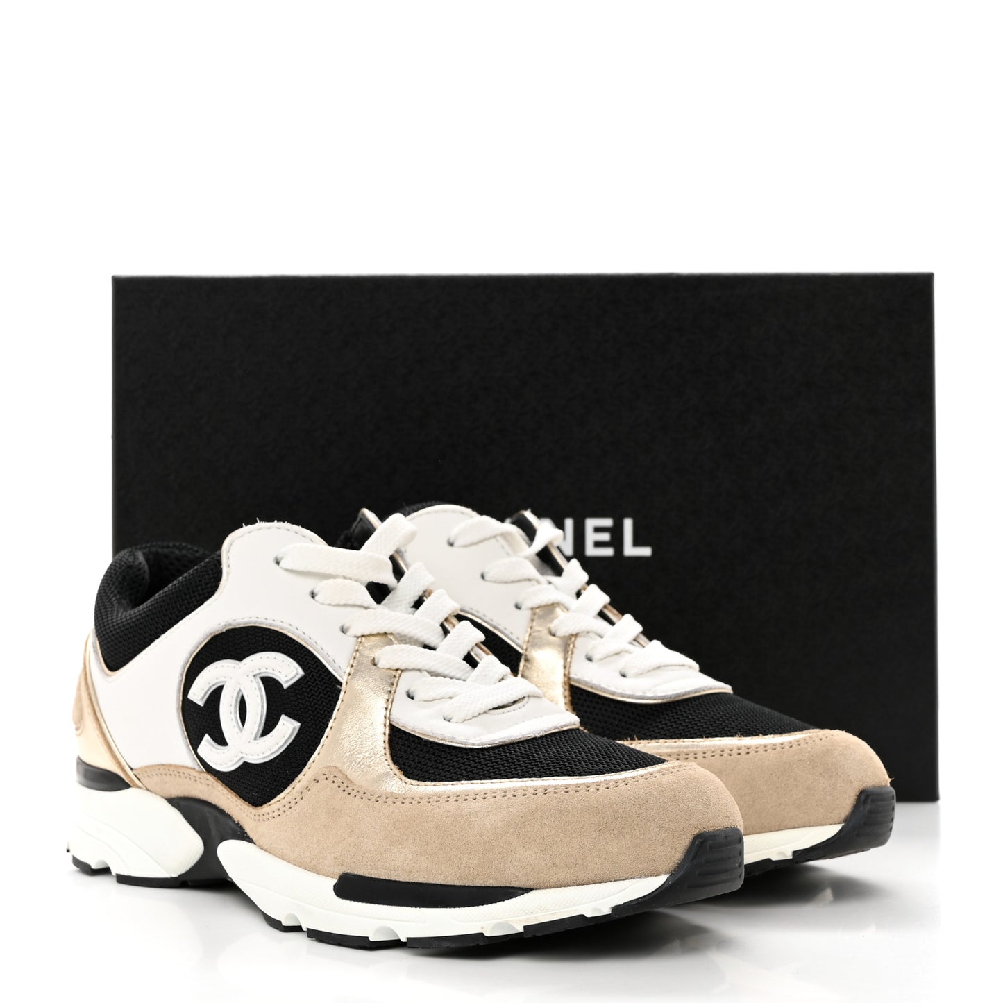 Mesh Suede Calfskin Womens CC Sneakers 39 White Black Beige Gold