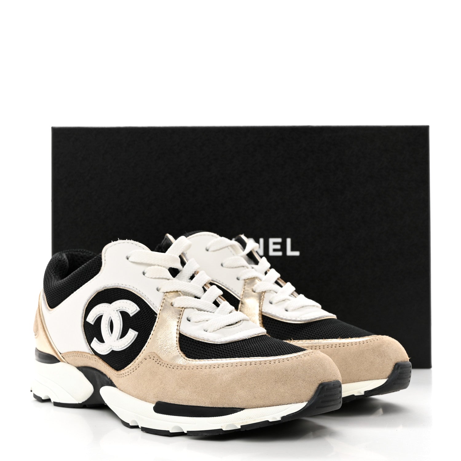 Chanel Mesh Suede Calfskin Womens CC Sneakers 39 White Black Beige Gold 9 of 9