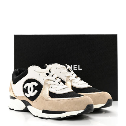 Chanel Mesh Suede Calfskin Womens CC Sneakers 39 White Black Beige Gold 9 of 9