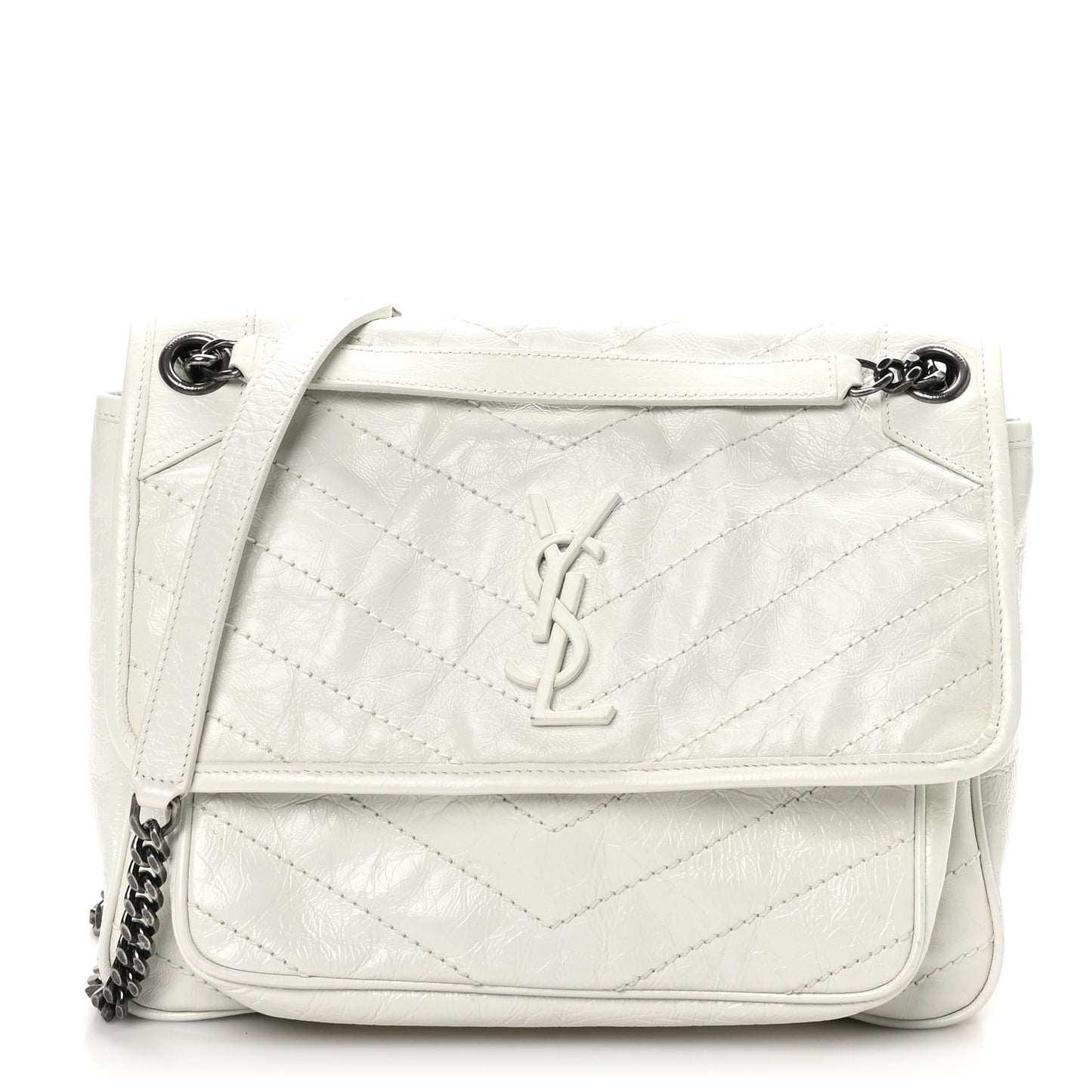 Crinkled Calfskin Matelasse Monogram Medium Niki Chain Satchel Ivory