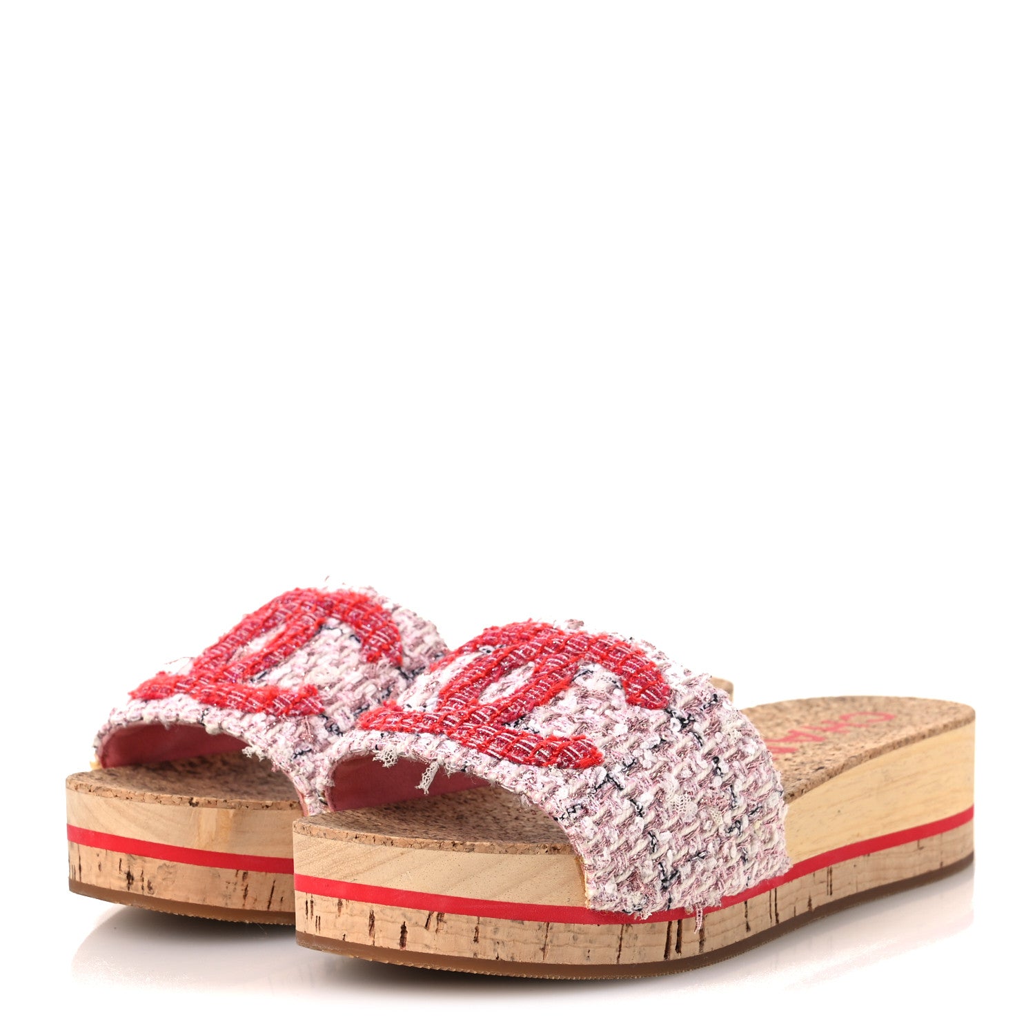 Chanel Tweed Lambskin Cork CC Mule Sandals 36 Pink Red 4 of 10