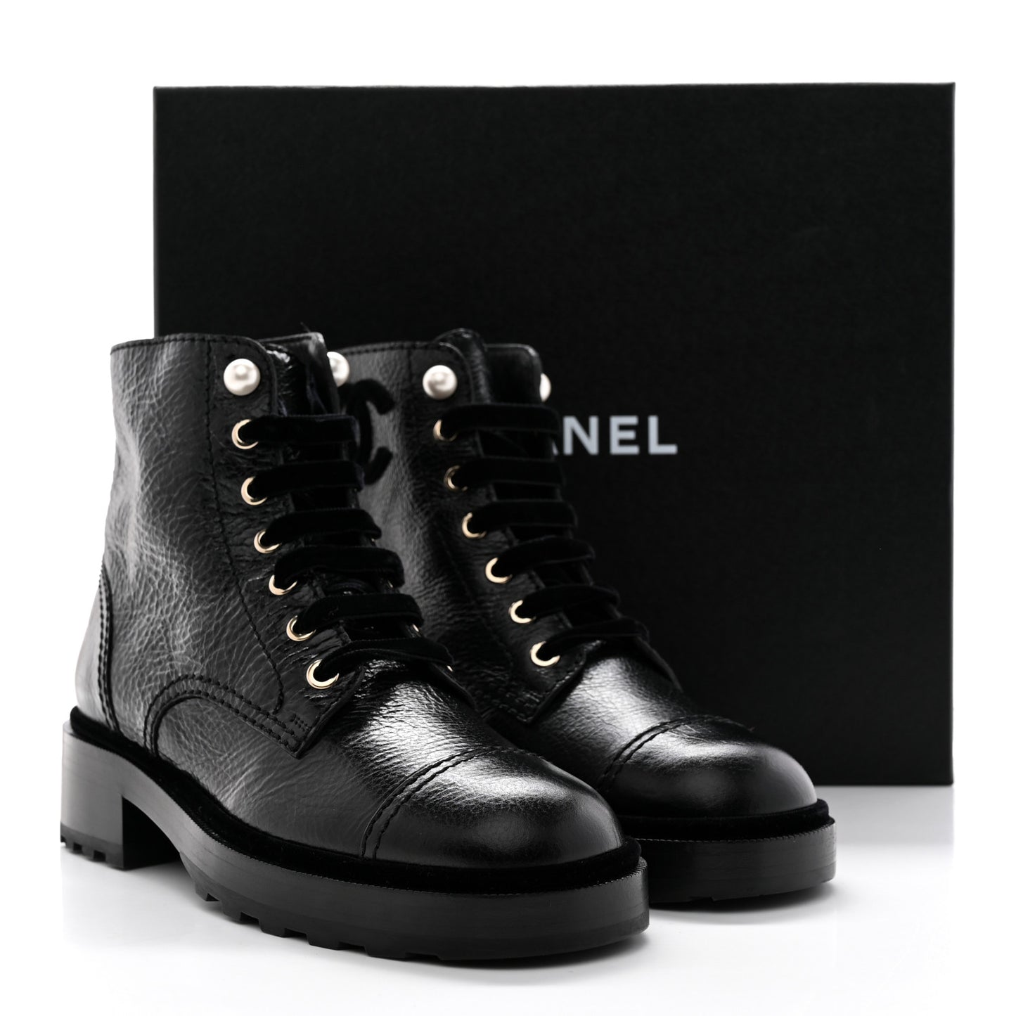 Shiny Calfskin Velvet Pearl Combat Short Boots 38 Black