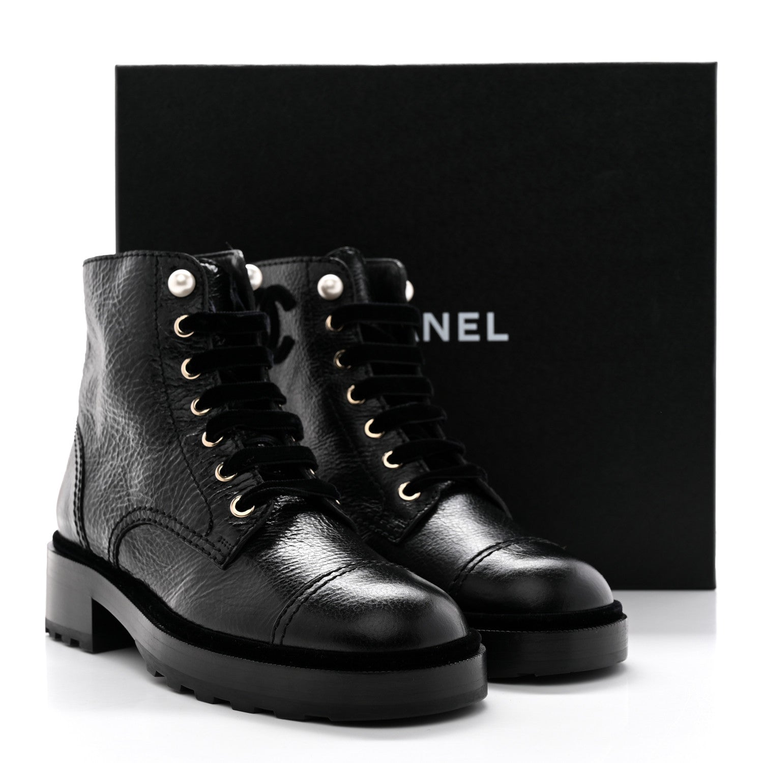 Chanel Shiny Calfskin Velvet Pearl Combat Short Boots 38 Black 14 of 14