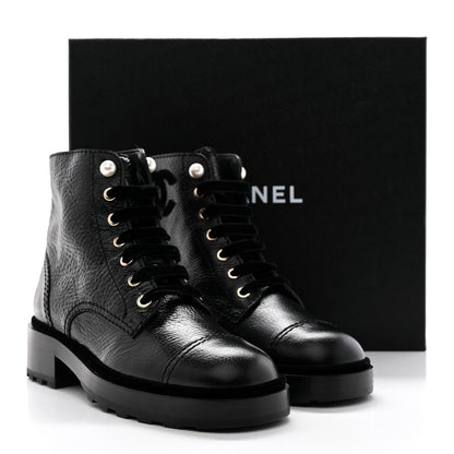 Chanel Shiny Calfskin Velvet Pearl Combat Short Boots 38 Black 14 of 14