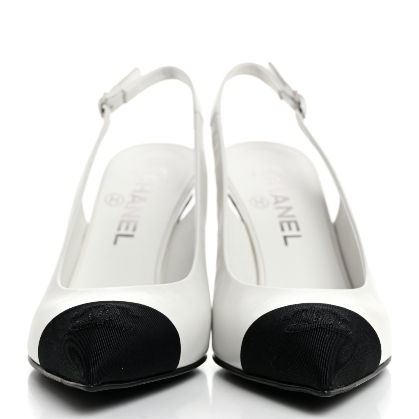Goatskin Grosgrain Pointed Cap Toe CC Slingback Pumps 36.5 White Black