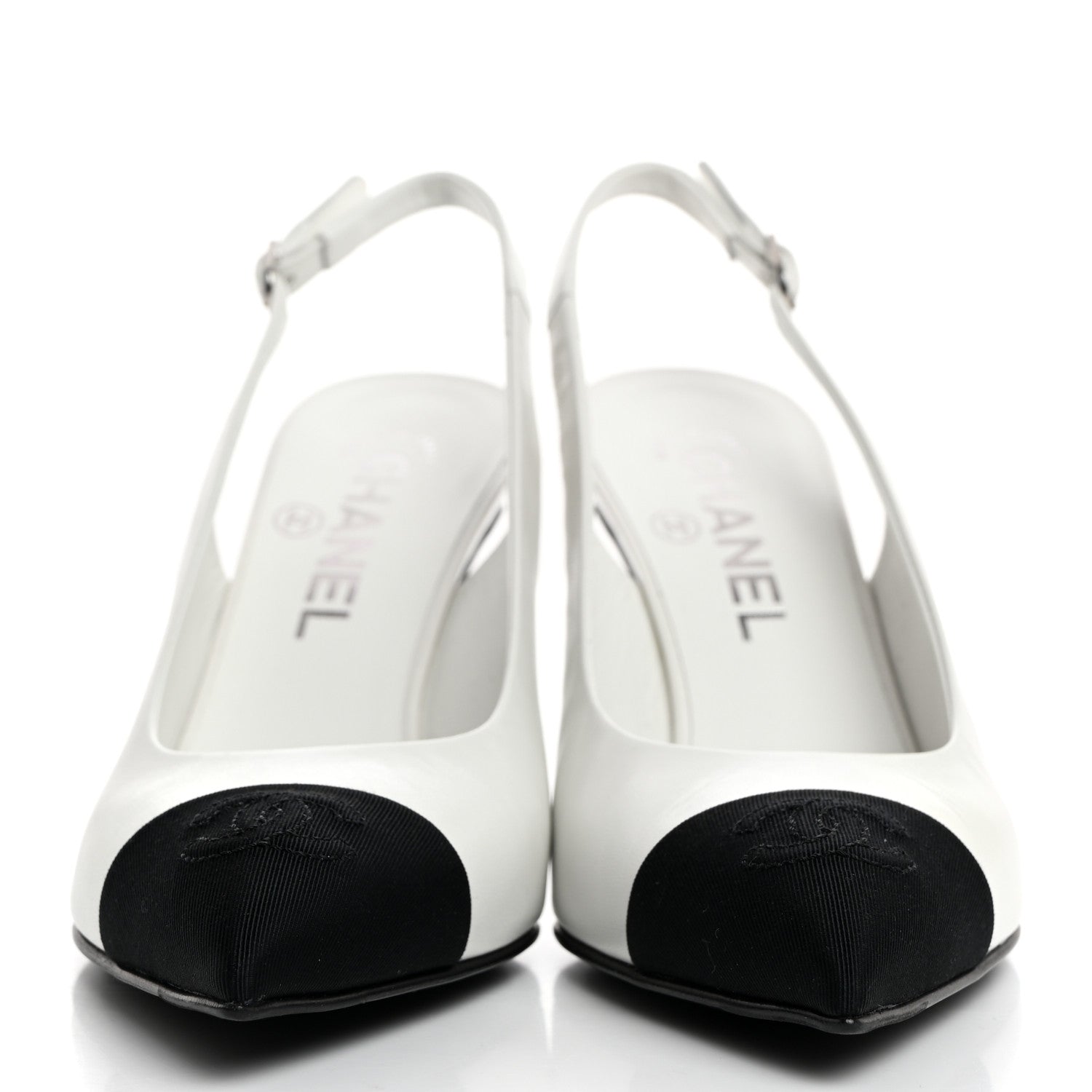 Chanel Goatskin Grosgrain Pointed Cap Toe CC Slingback Pumps 36.5 White Black 2 of 9