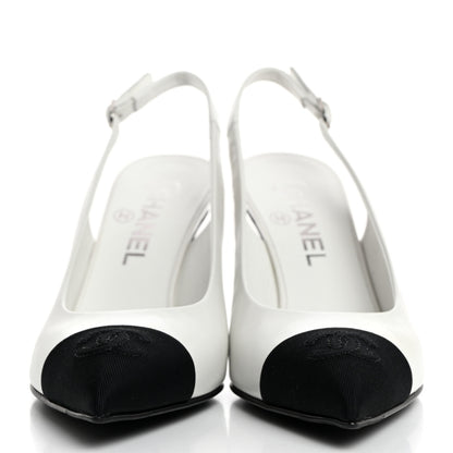 Chanel Goatskin Grosgrain Pointed Cap Toe CC Slingback Pumps 36.5 White Black 2 of 9