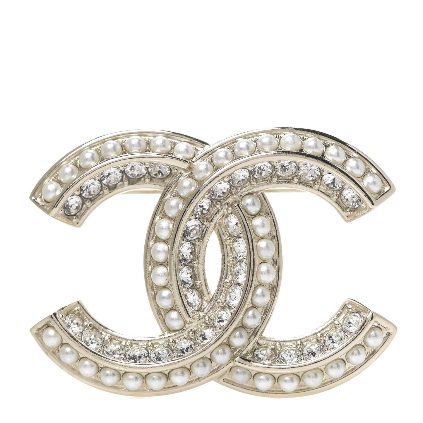 Crystal Pearl Chain Mania CC Brooch Gold