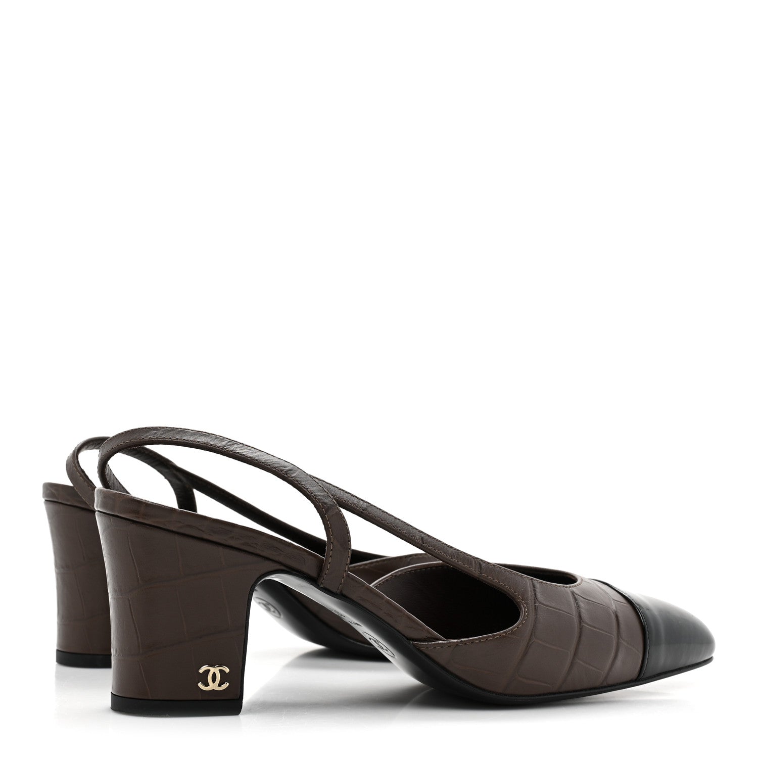 Chanel Calfskin Crocodile Embossed Patent Cap Toe CC Slingback Sandals 38.5 Brown Black 4 of 10