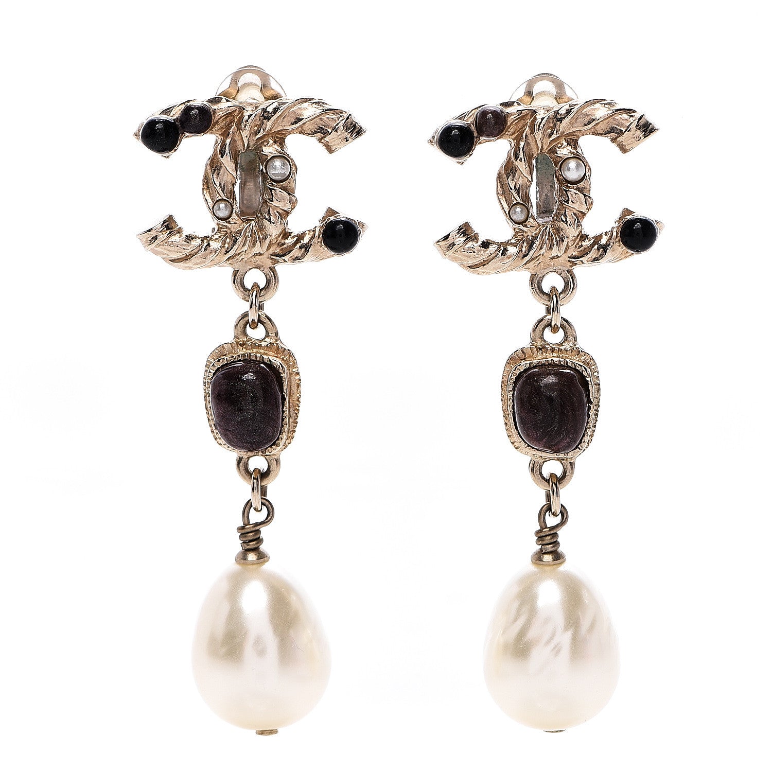 Chanel Pearl Resin CC Drop Clip On Earring Gold Black Brown 1 of 4