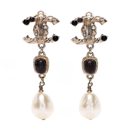 Chanel Pearl Resin CC Drop Clip On Earring Gold Black Brown 1 of 4