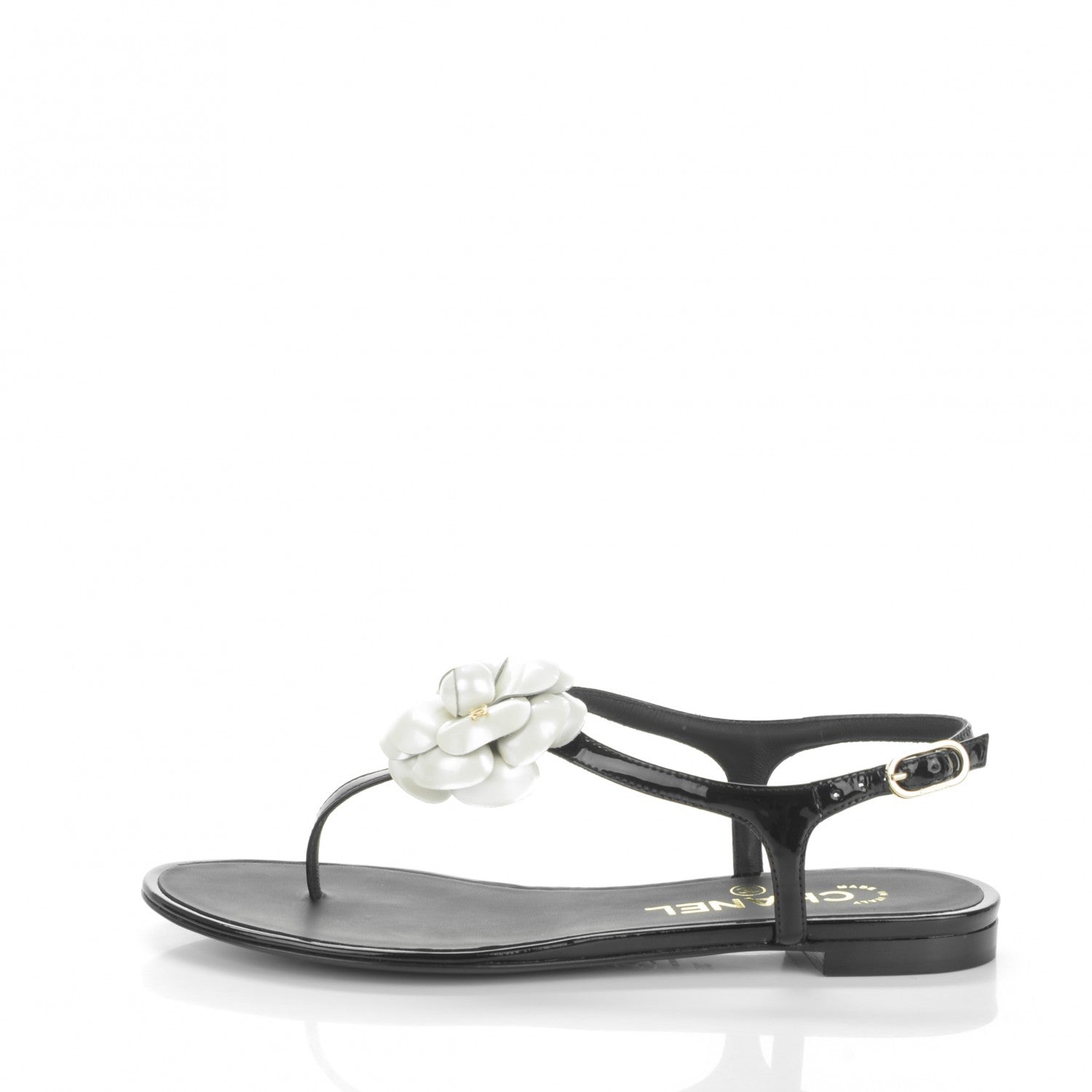 Chanel Patent Calfskin Camellia Thong Sandals 35 Black White 1 of 7
