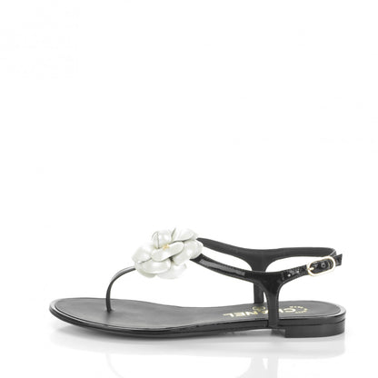 Chanel Patent Calfskin Camellia Thong Sandals 35 Black White 1 of 7