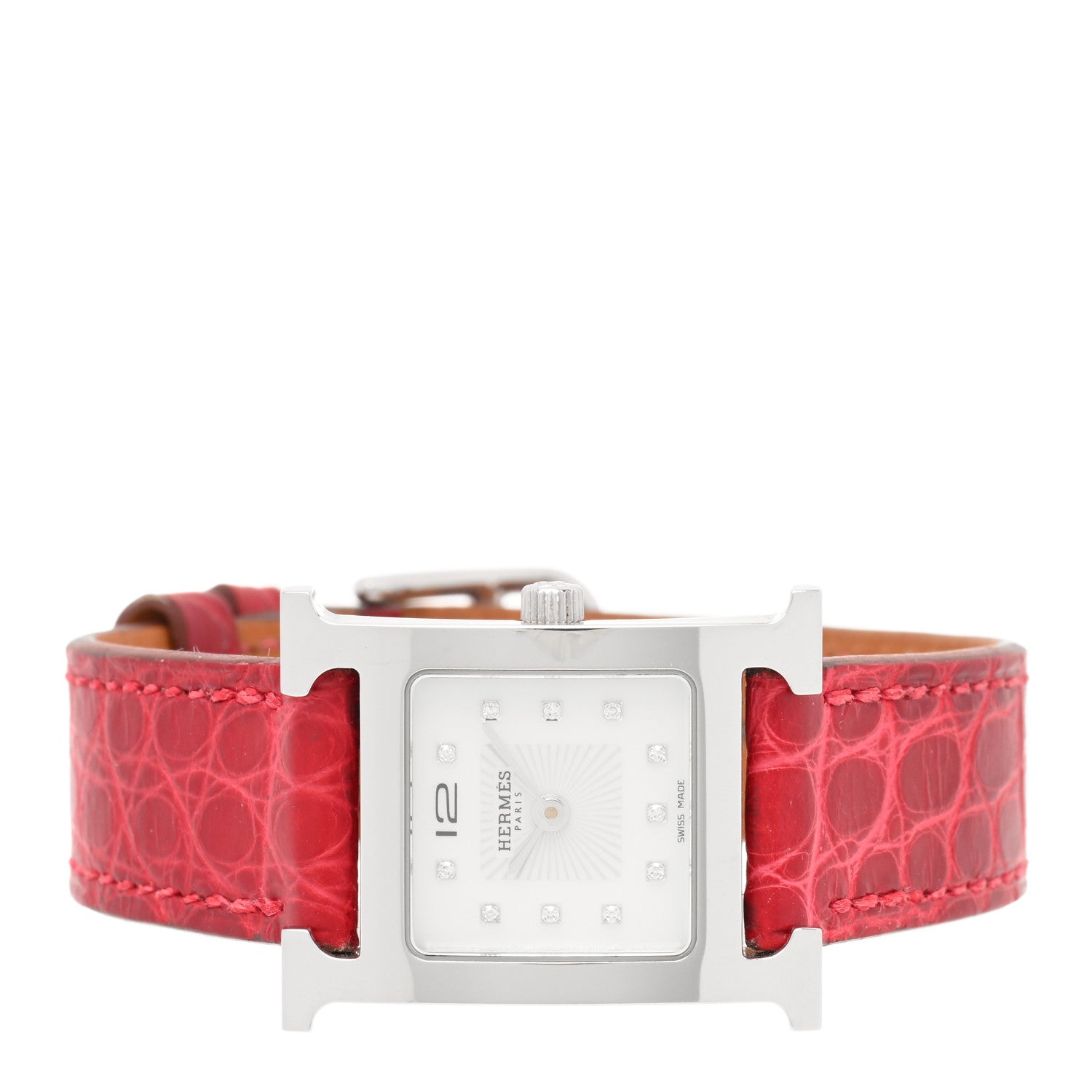 Hermes Stainless Steel Alligator Diamond Mother of Pearl 21mm Heure H Hour Quartz Watch Framboise 2 of 4