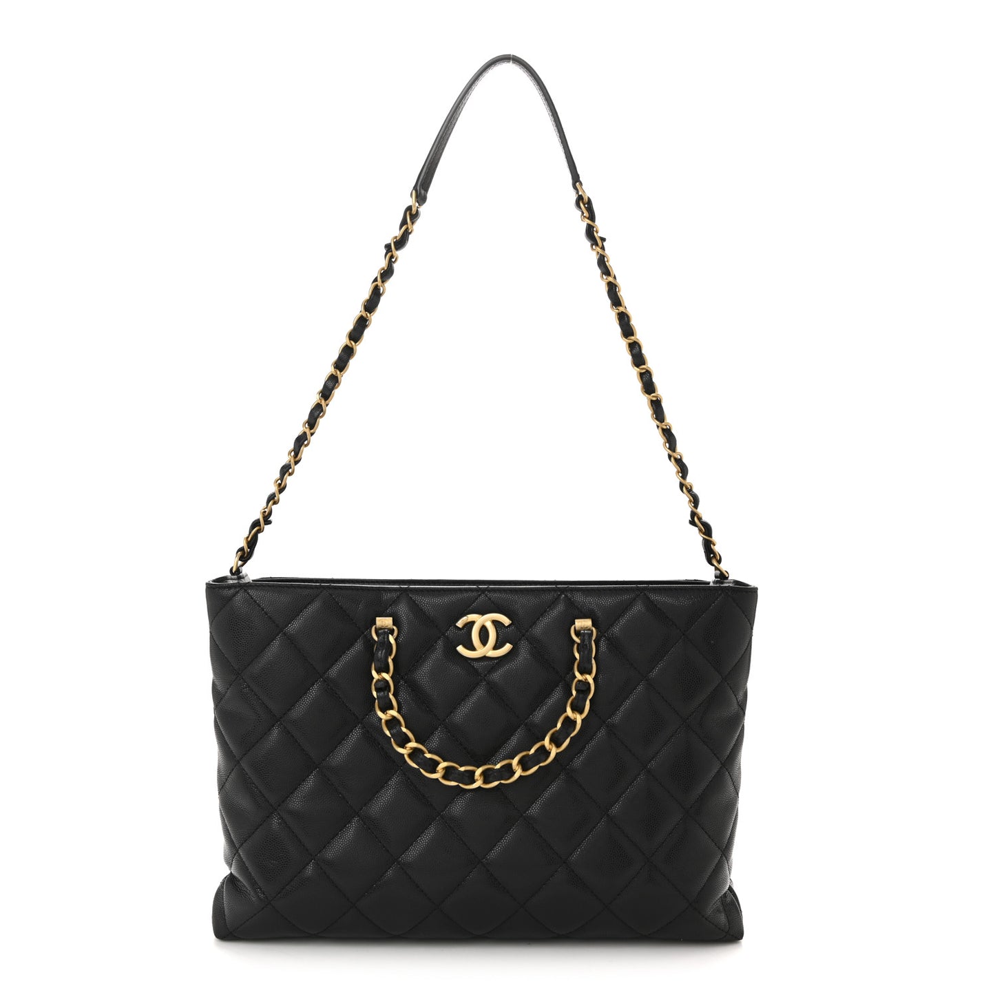 Shiny Caviar Quilted Chain Handle Small Shopping Tote Black