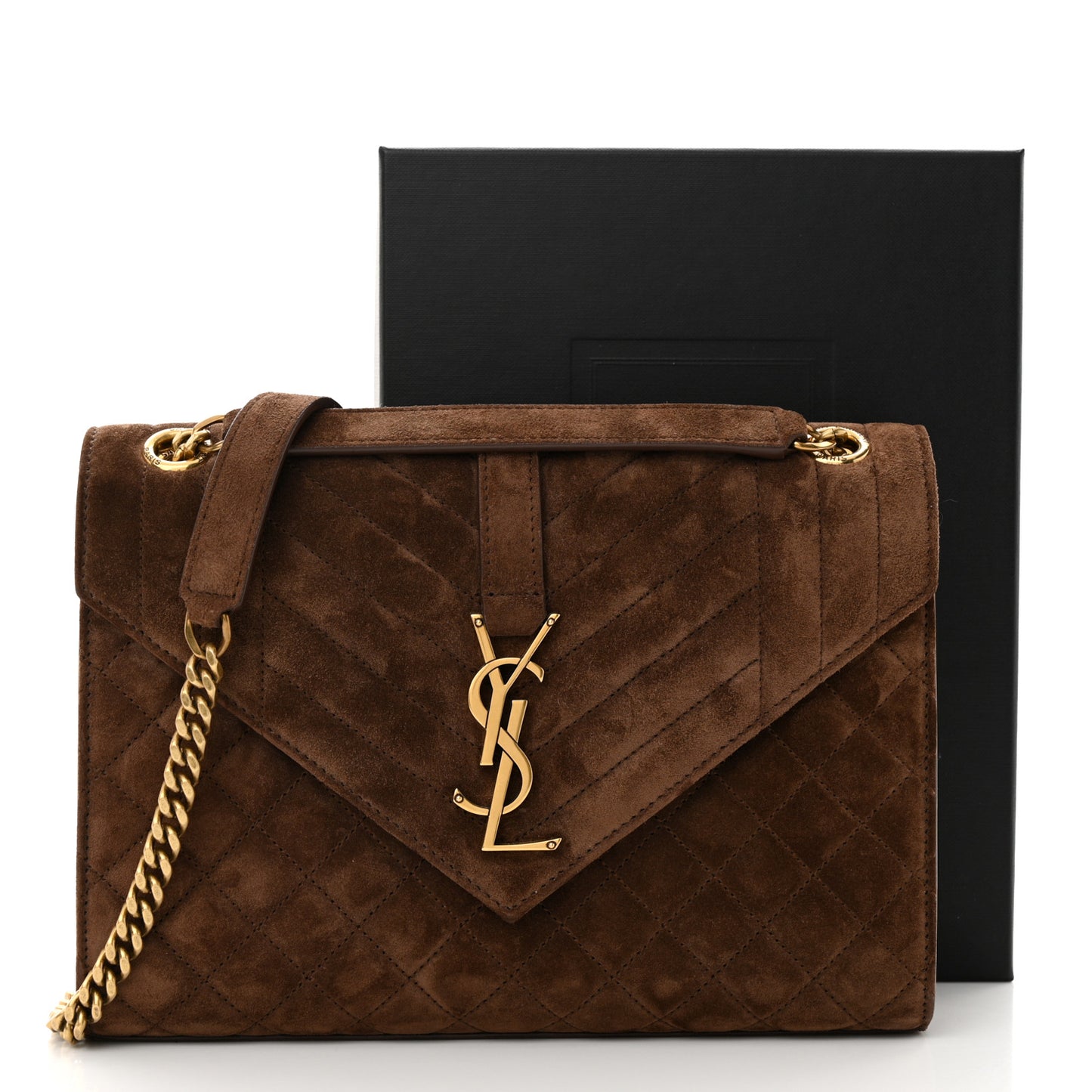 Suede Mixed Matelasse Triquilt Medium Monogram Envelope Satchel Bark Brown