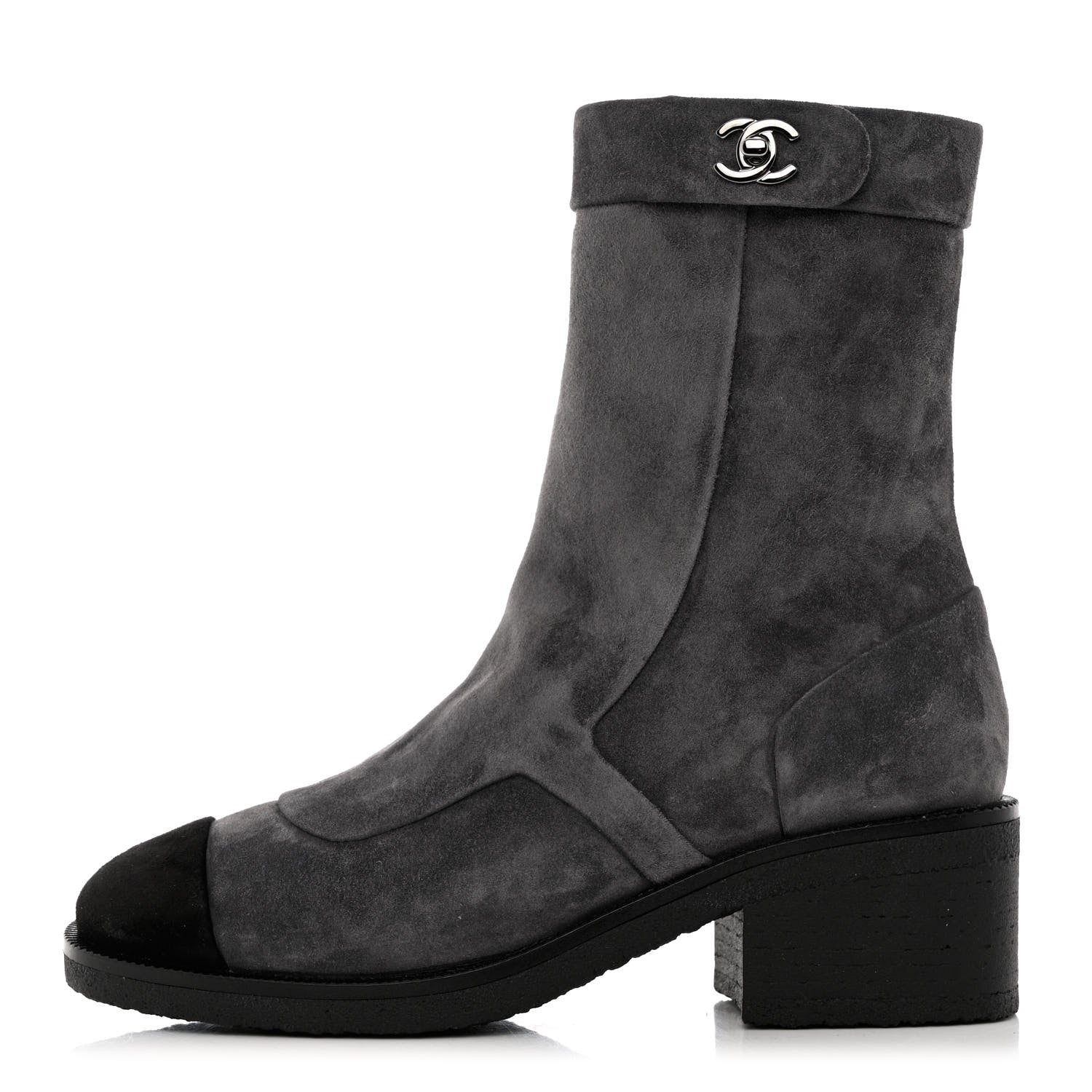 Chanel Suede Calfskin Cap Toe Short Boots 35 Dark Grey Black 1 of 10