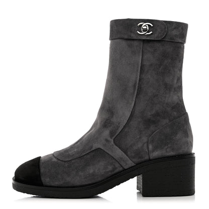Chanel Suede Calfskin Cap Toe Short Boots 35 Dark Grey Black 1 of 10