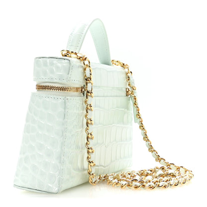 Chanel Calfskin Crocodile Embossed Crococo Top Handle Slim Vanity Case With Chain Light Blue 3 of 11