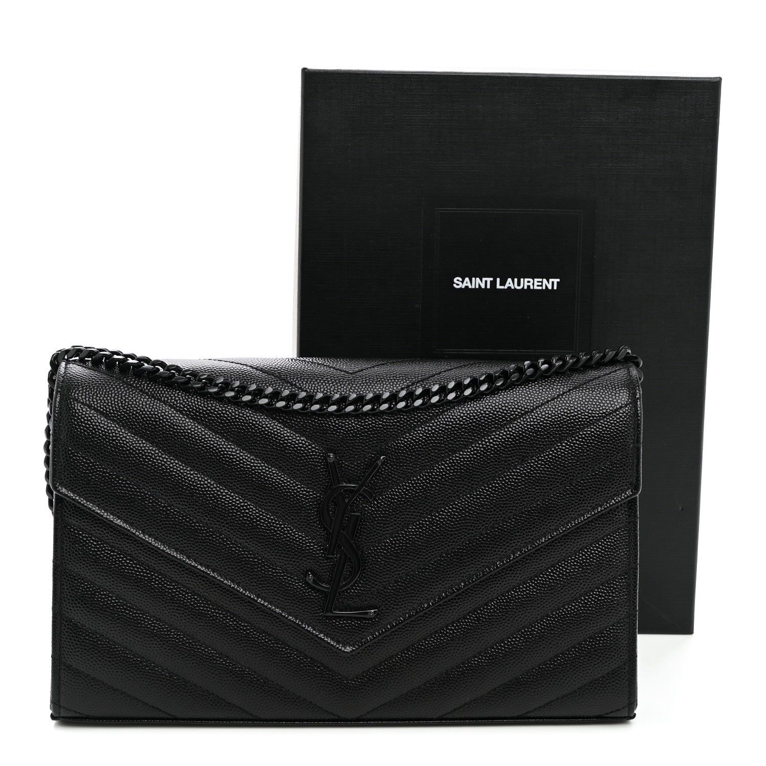 Saint Laurent Grain De Poudre Matelasse Chevron Monogram Monochrome Chain Wallet Black 10 of 10
