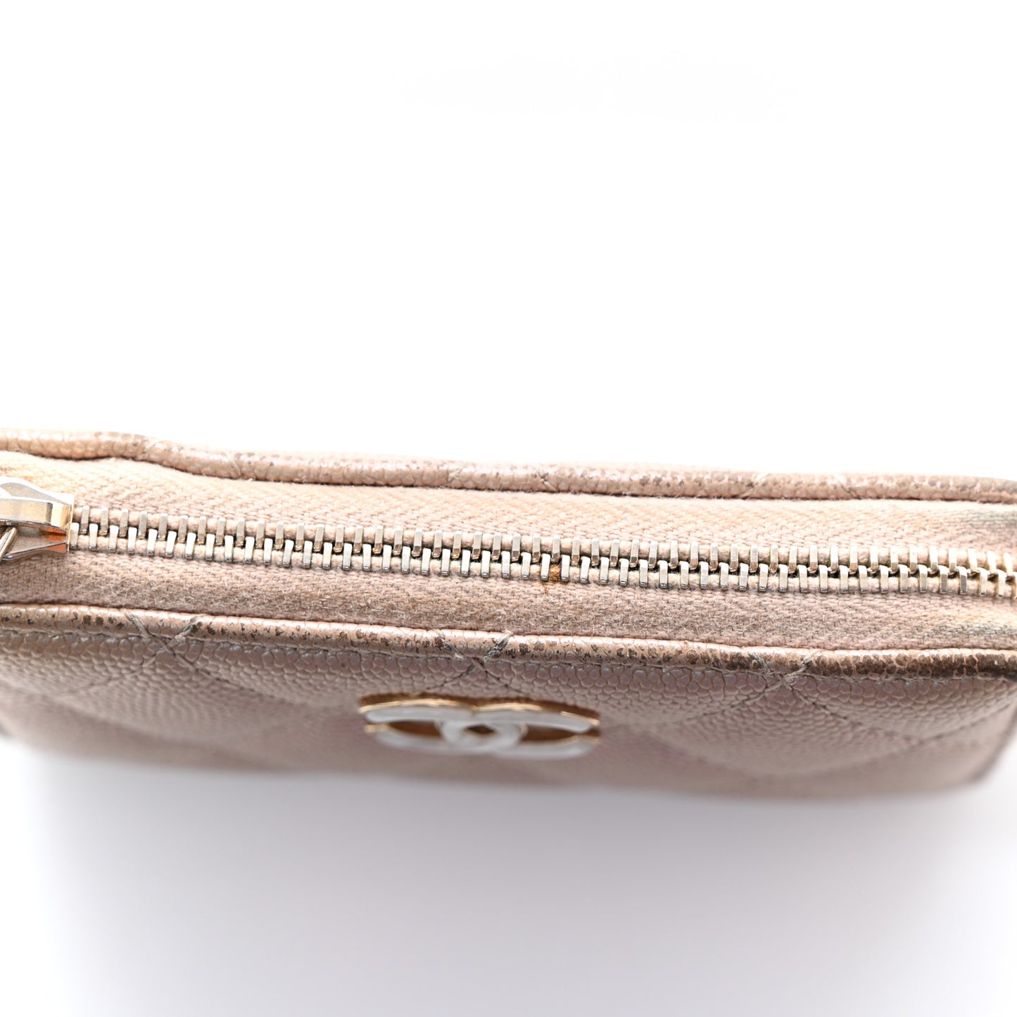 Iridescent Caviar Quilted Zipped Key Holder Case Beige