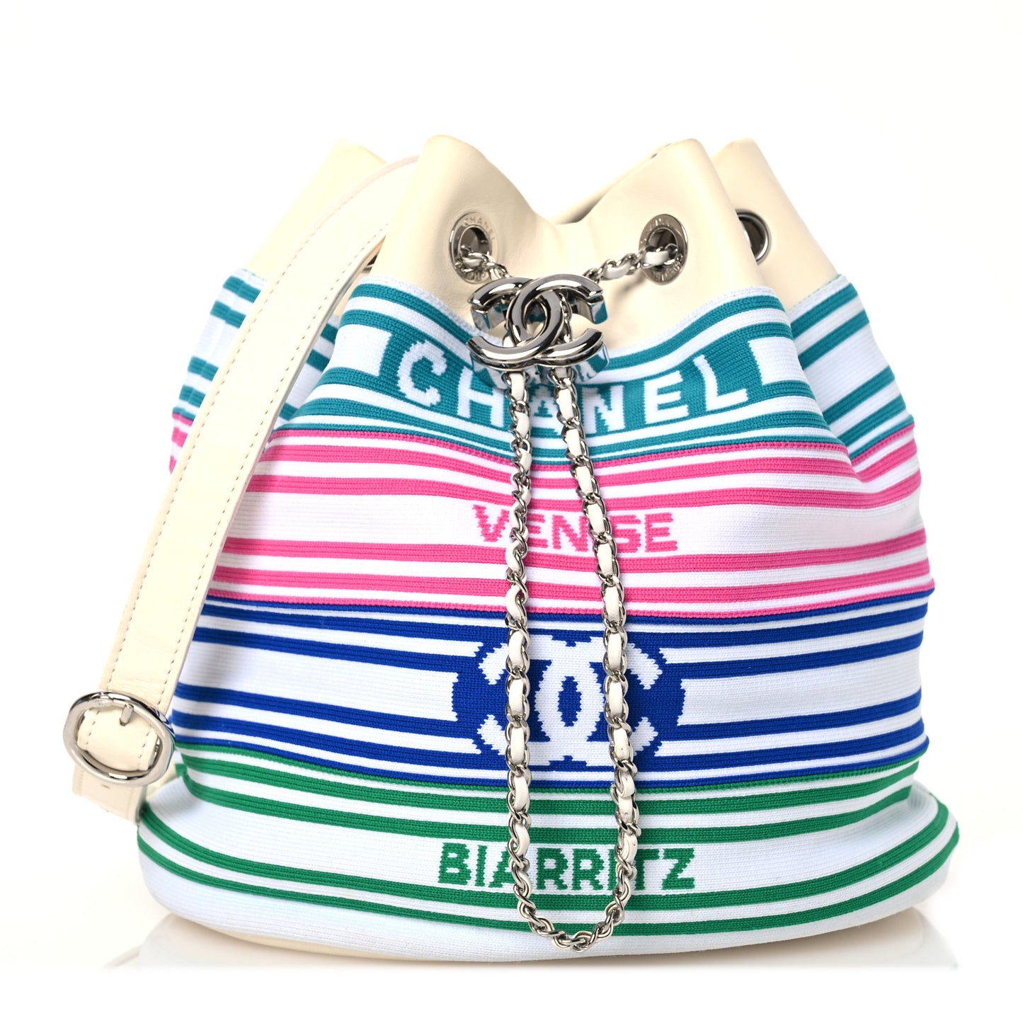 Mixed Fibers Lambskin Venise Biarritz Drawstring Bucket Bag Multicolor White