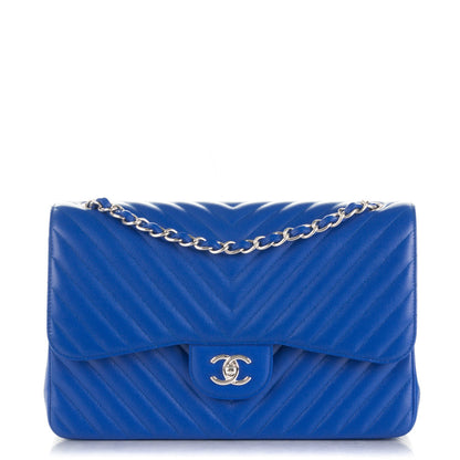 Chanel Caviar Chevron Quilted Jumbo Double Flap Bright Blue 1 of 8