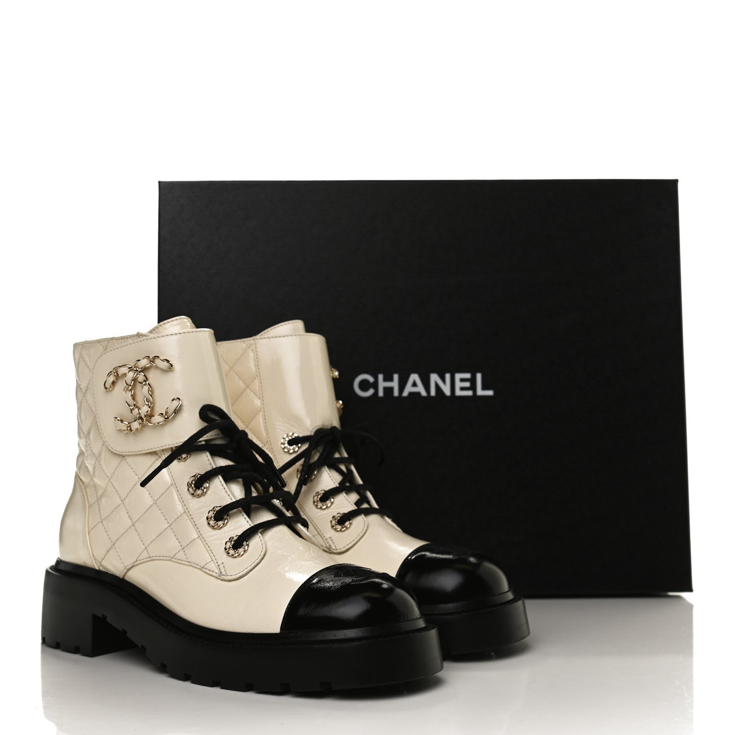 Chanel Shiny Calfskin Quilted Lace Up Combat Boots 38 Ivory Black 12 of 12