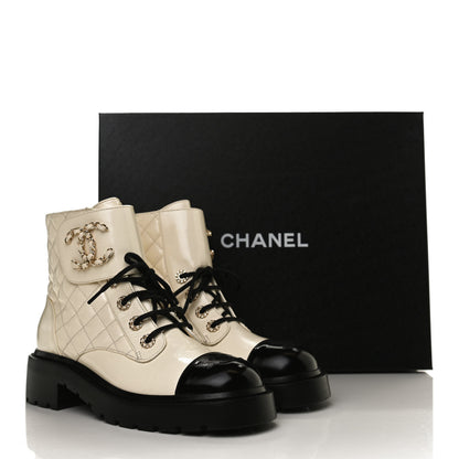 Chanel Shiny Calfskin Quilted Lace Up Combat Boots 38 Ivory Black 12 of 12
