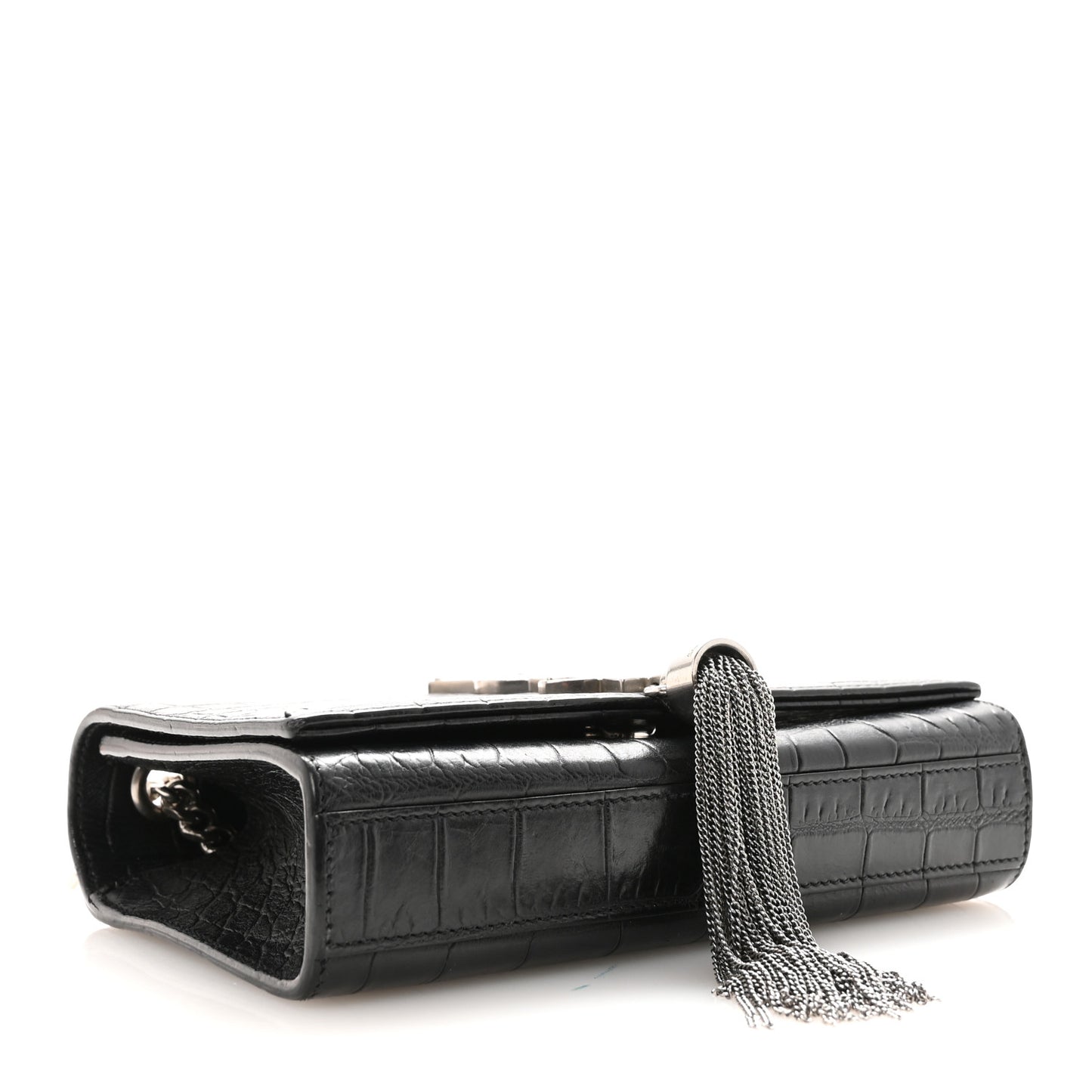 Calfskin Crocodile Embossed Small Classic Monogram Kate Tassel Satchel Black