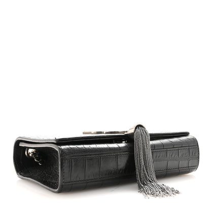 Saint Laurent Calfskin Crocodile Embossed Small Classic Monogram Kate Tassel Satchel Black 4 of 10