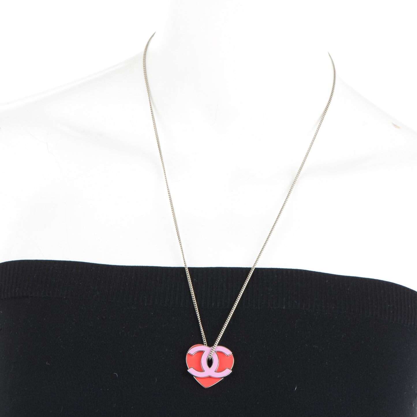 Enamel Heart CC Charm Necklace Silver