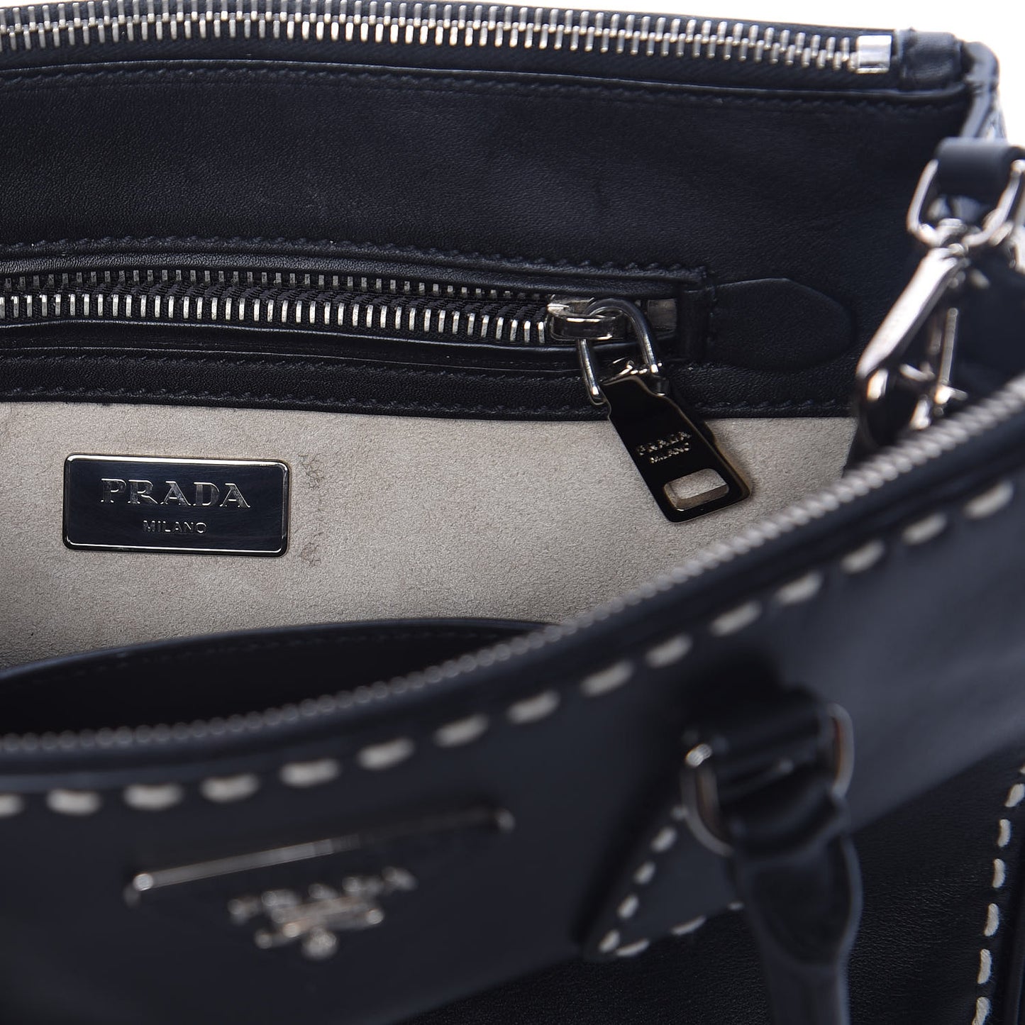 City Calf Mini Hand Stitched Galleria Double Zip Tote Black