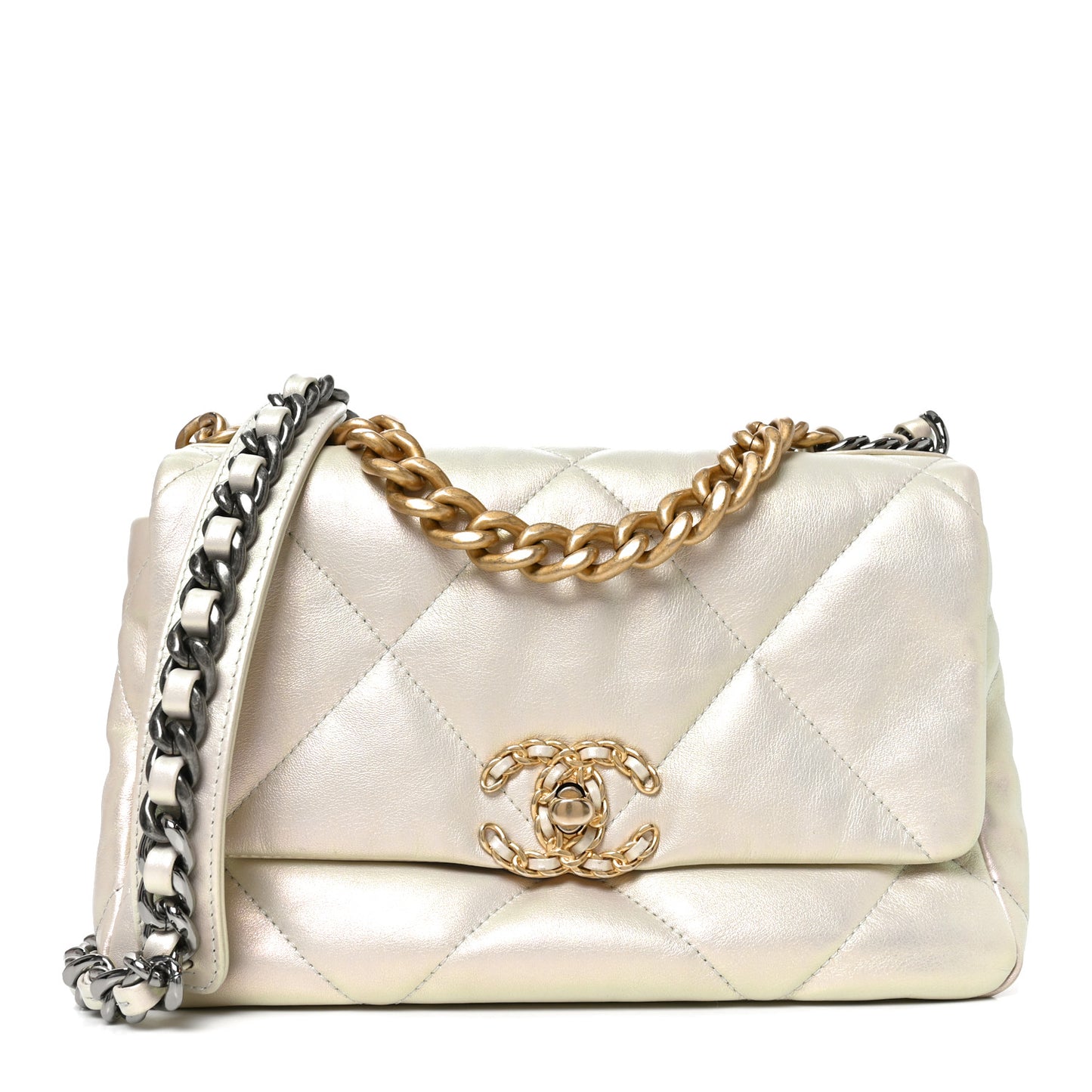Iridescent Calfskin Quilted Medium Chanel 19 Flap White