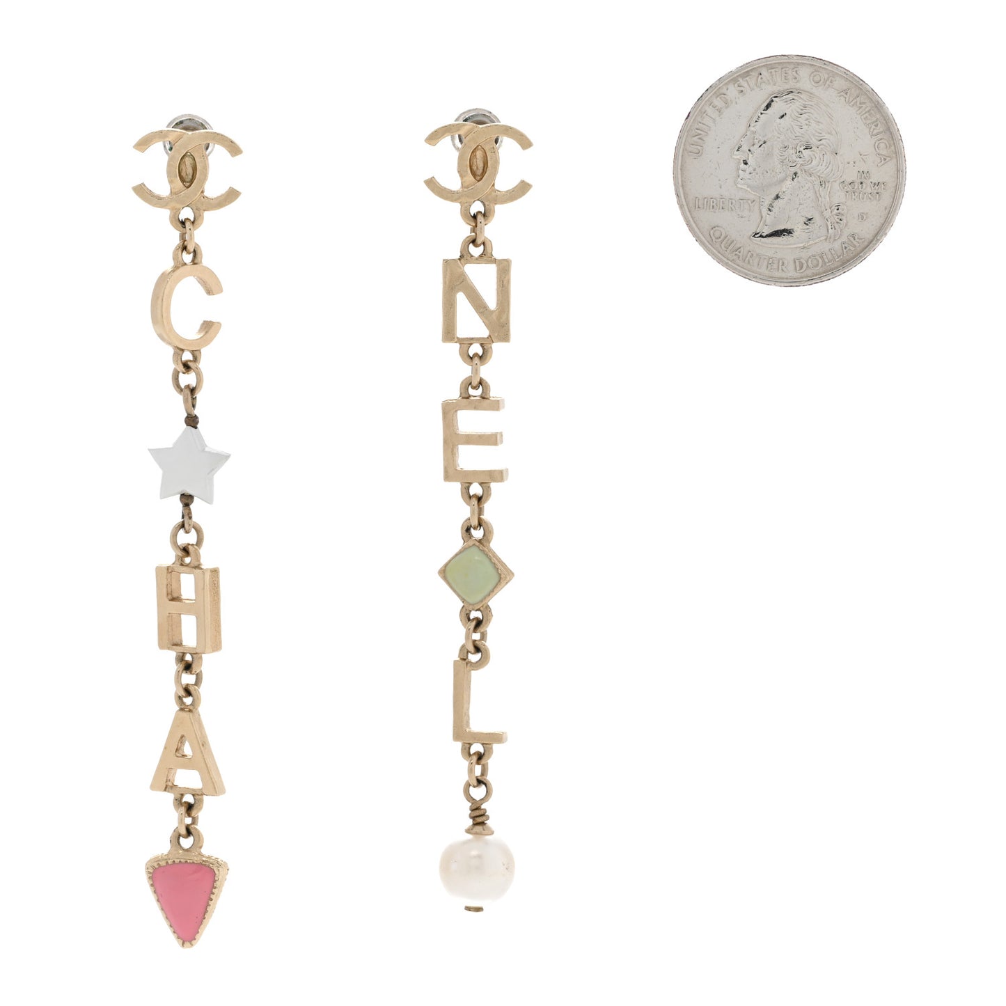 Resin Pearl Beaded Star Heart CC Logo Drop Earrings Gold Pink Multicolor