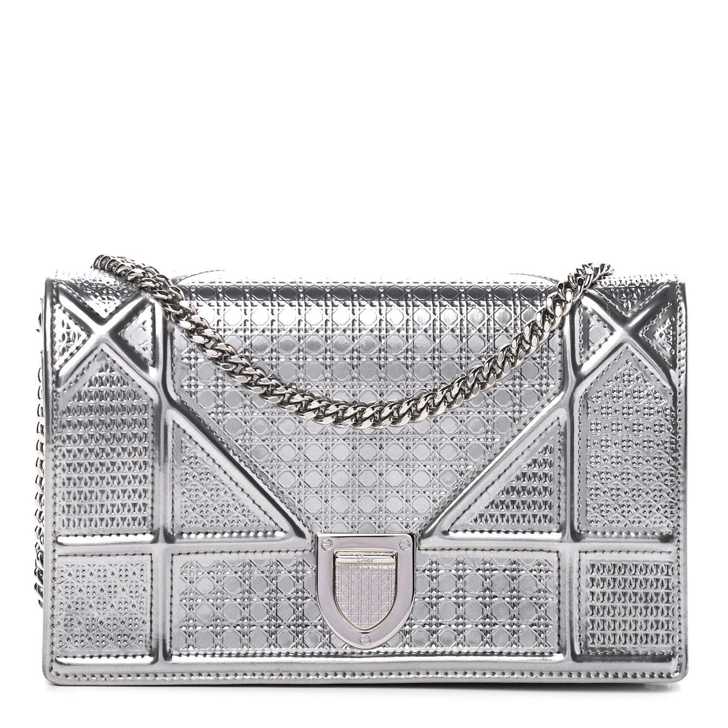 Metallic Patent Micro-Cannage Diorama Wallet on Chain Pouch Argent