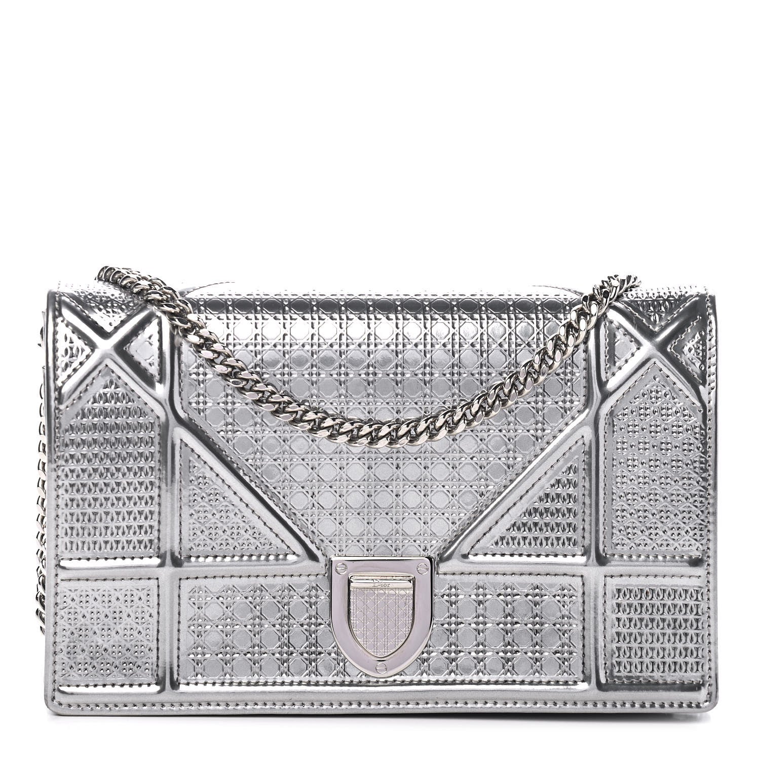 Christian Dior Metallic Patent Micro-Cannage Diorama Wallet on Chain Pouch Argent 1 of 5