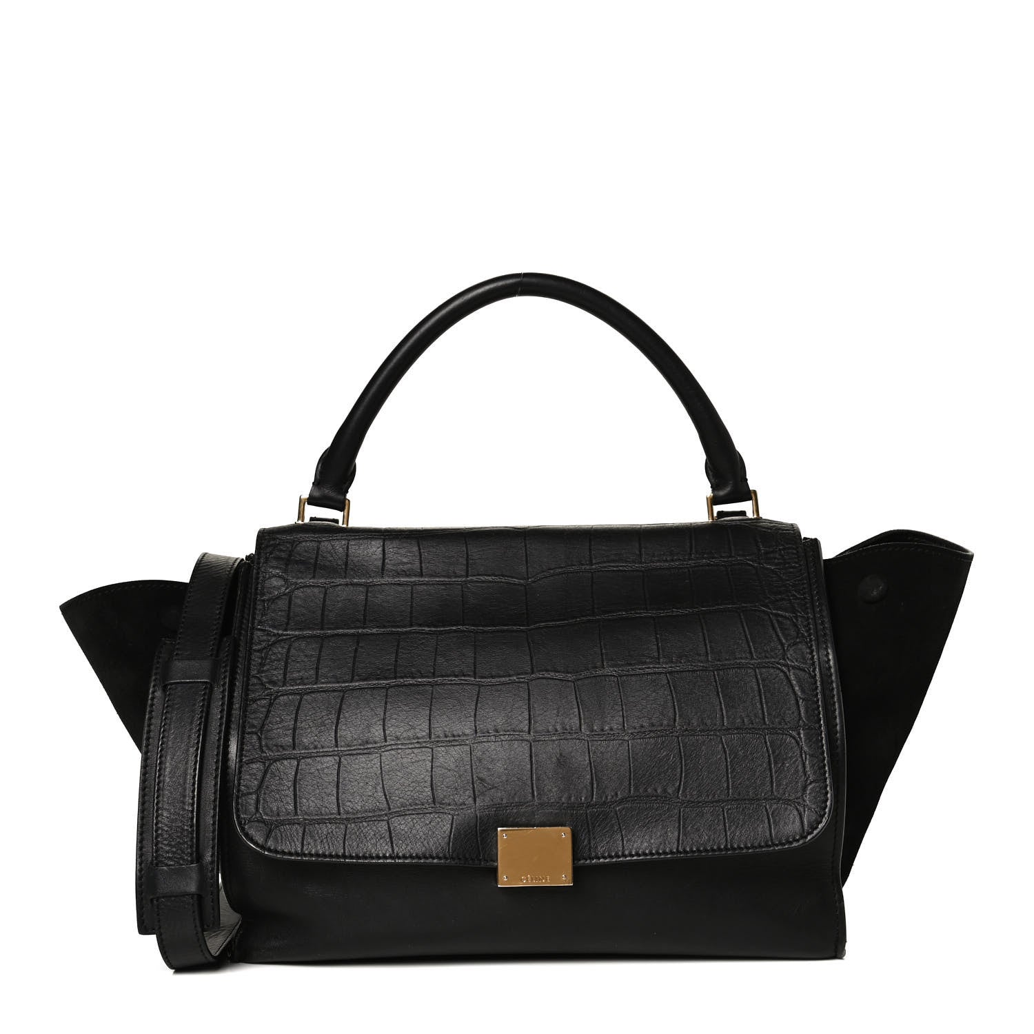 Celine Crocodile Embossed Calfskin Suede Medium Trapeze Black 1 of 15