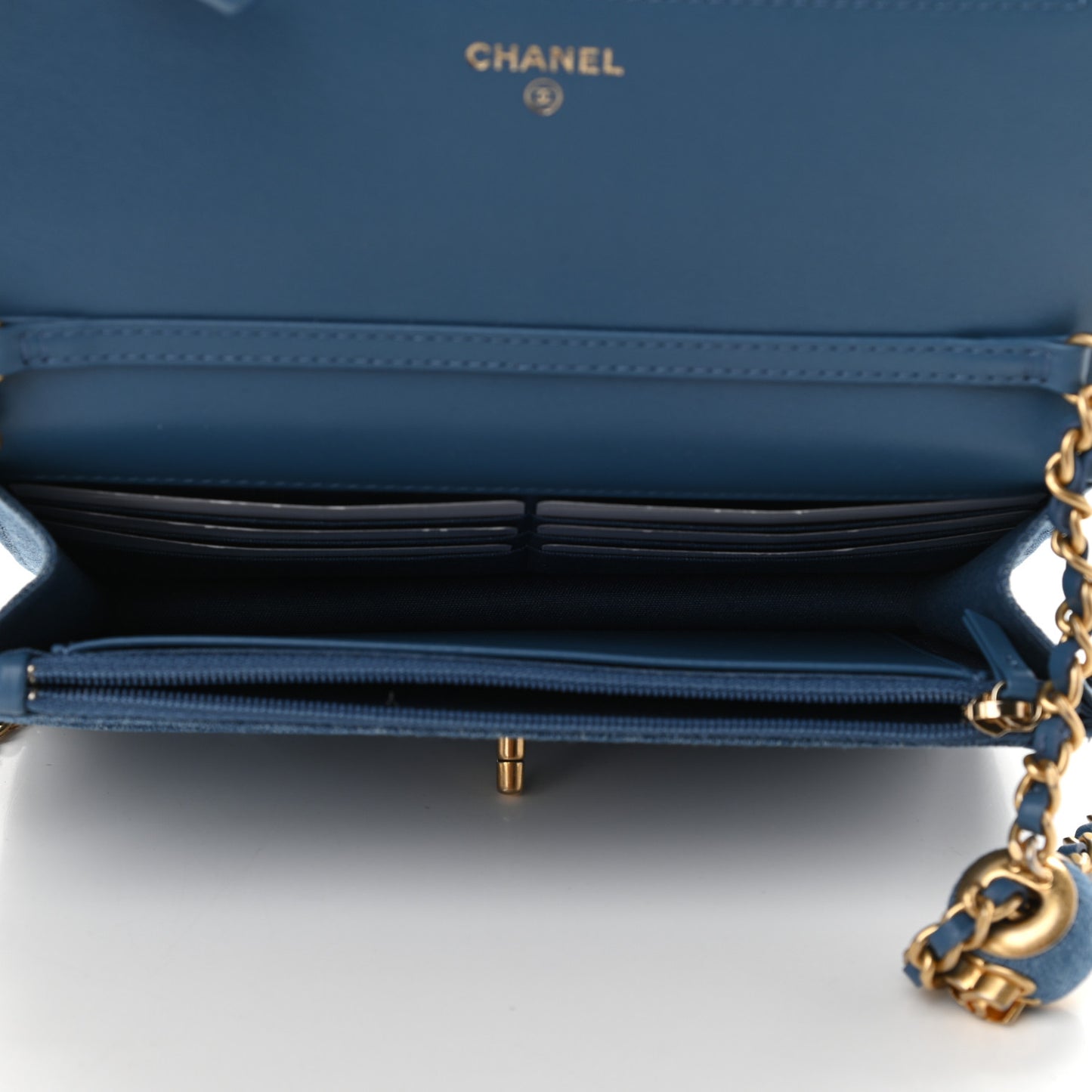 Denim Quilted CC Pearl Crush Wallet On Chain WOC Blue