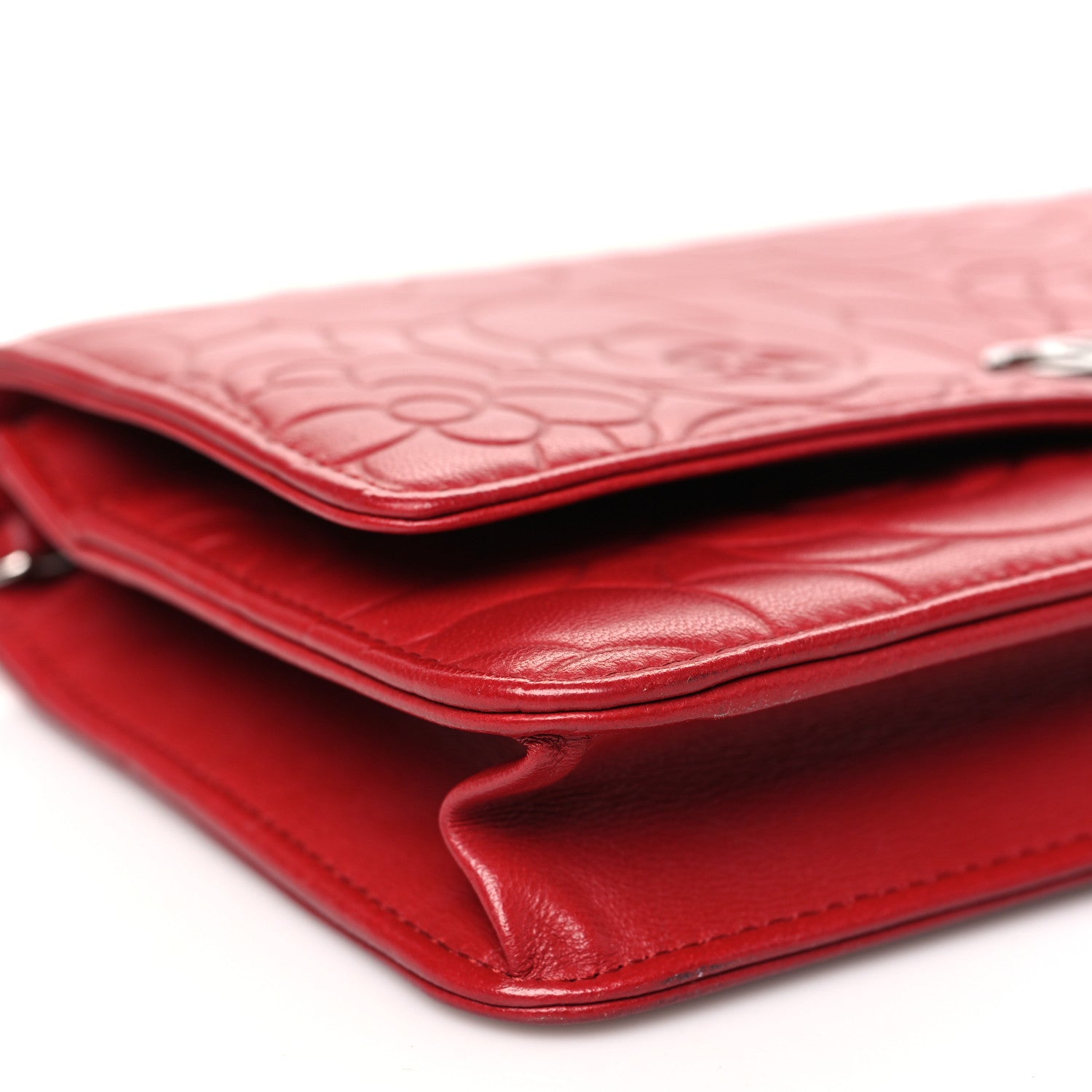 Chanel Lambskin Camellia Embossed Wallet on Chain WOC Red 10 of 11