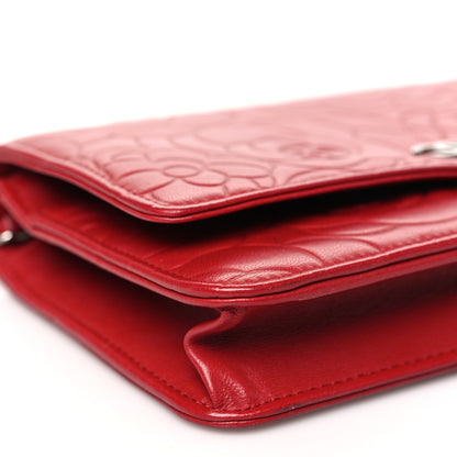 Chanel Lambskin Camellia Embossed Wallet on Chain WOC Red 10 of 11