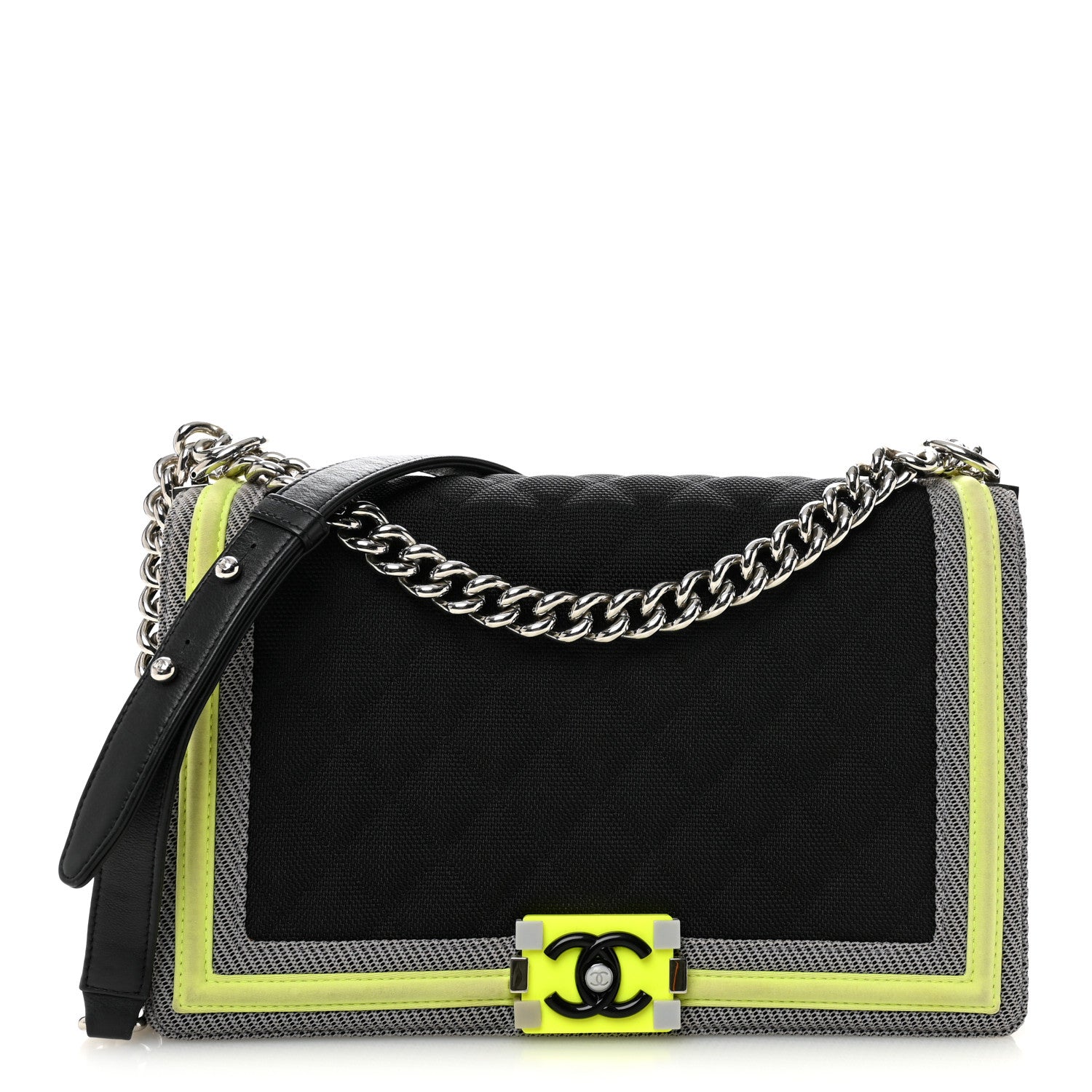 Chanel Canvas Quilted New Medium Fluo Boy Flap Black Grey Yellow 1 of 12