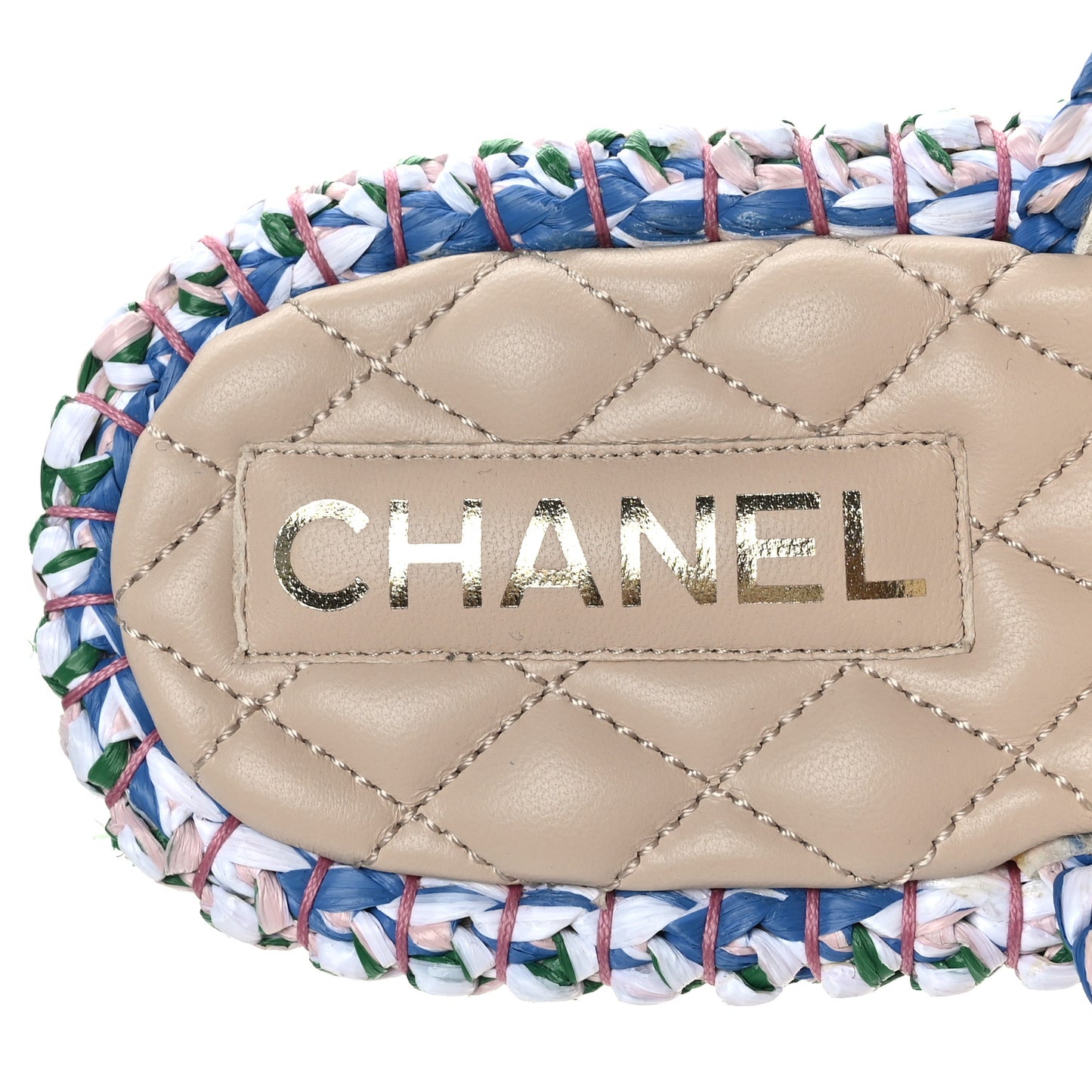 Raffia Lambskin Woven Chain CC Toe Ring Sandals 41 Blue Pink