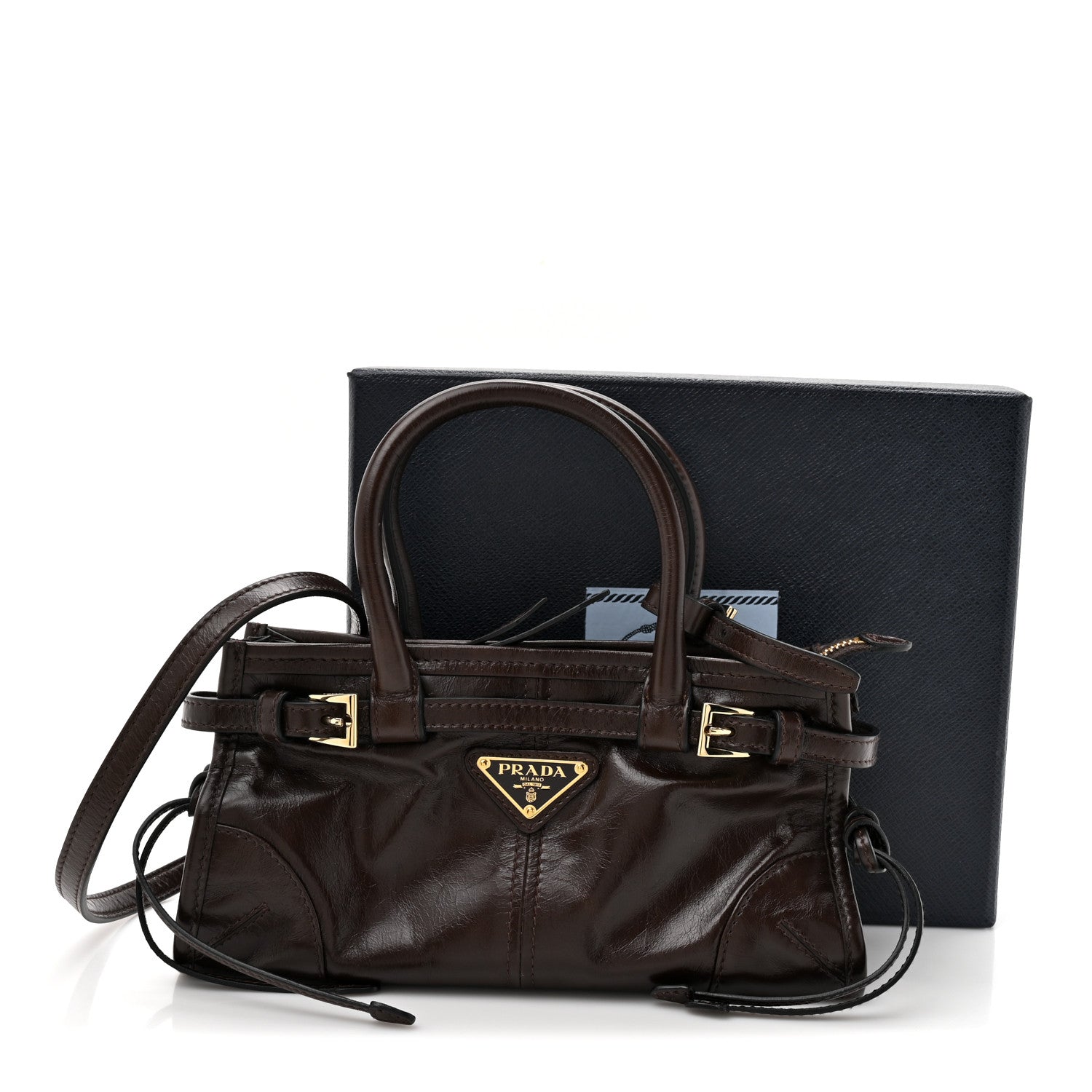 Prada Glossy Calfskin Triangle Mini Bonnie Shoulder Bag Moro 10 of 10