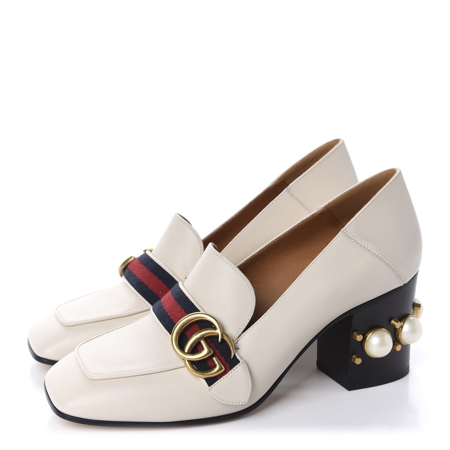 Betis Glamour Calfskin Web Pearl Embellished Peyton 75mm Loafer Pumps 37.5 Mystic White